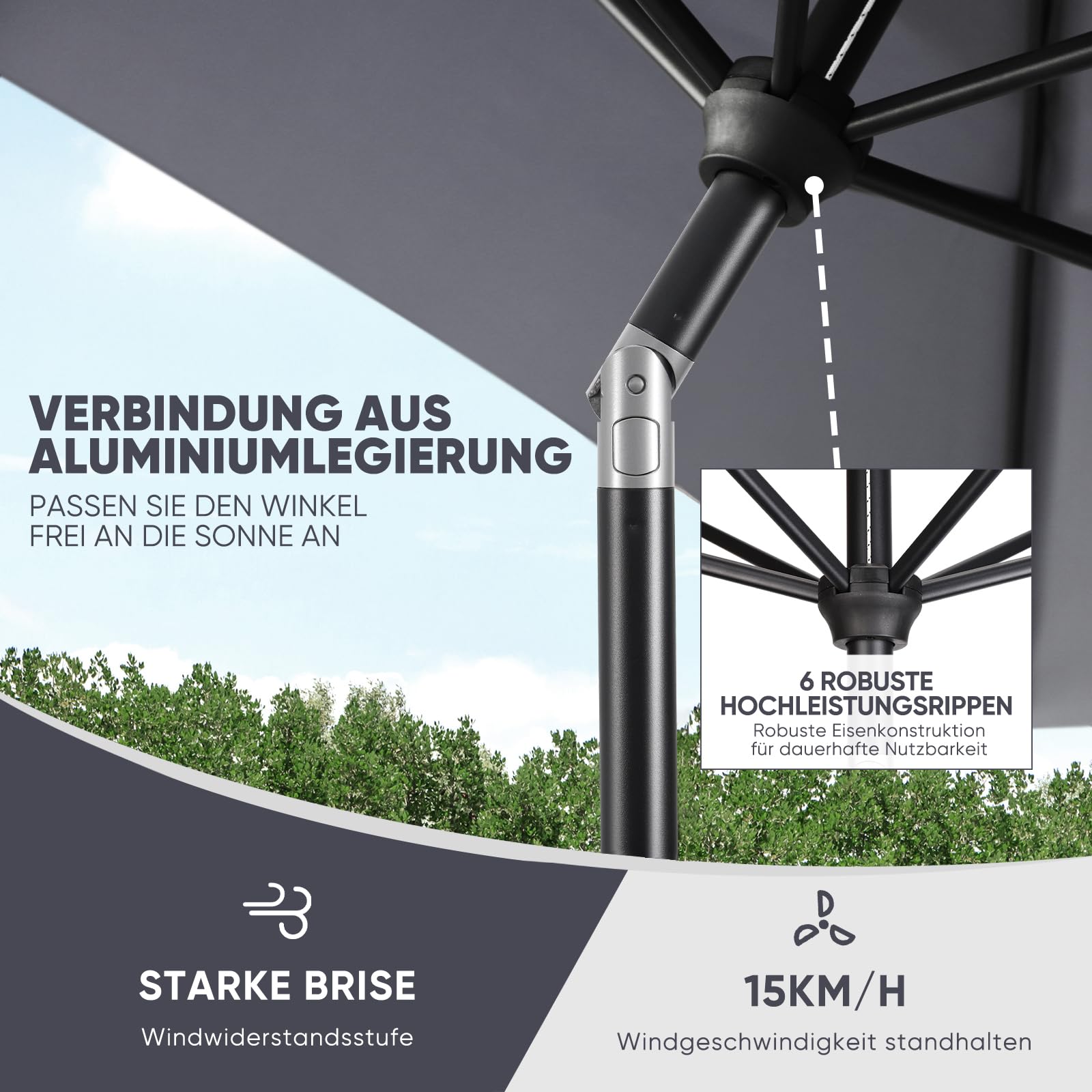 Sekey Aluminum Sonnenschirm mit Kurbel und Knicker, 210 × 140 cm Sonnenschirm Rechteckig für Balkon Garten & Terrasse Sonnenschutz UV 50+, Grau