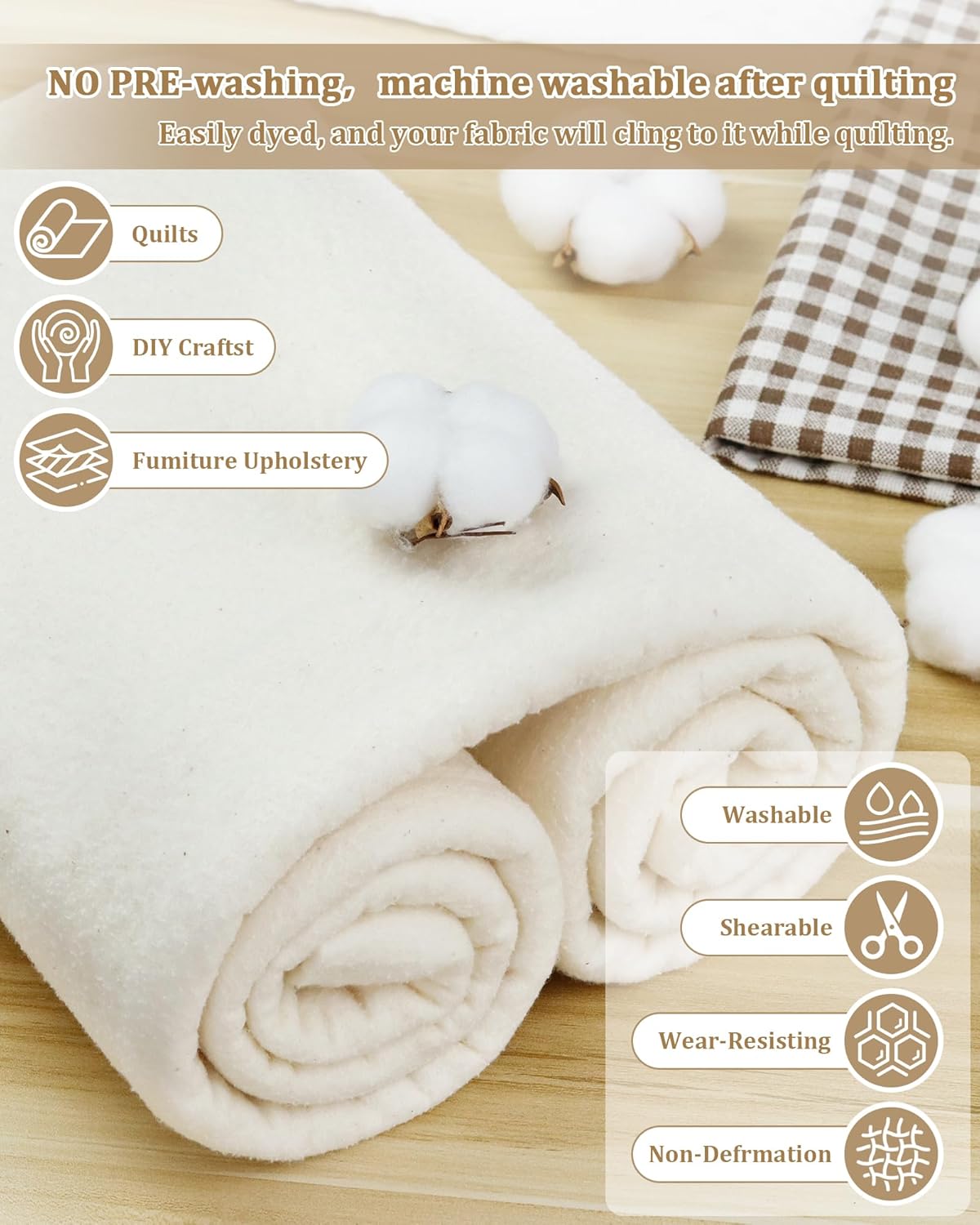 PLANTIONAL Grinding Natural Cotton Quilt Batting: 79-Inch x 91-Inch Light Weight Purely Natural All Season Quilt Batting for Quilts, Craft and Wearable Arts