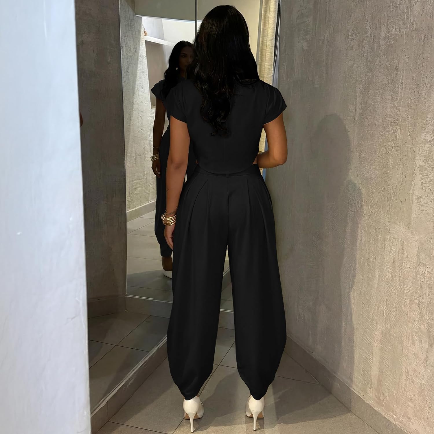 kaimimei 2 Piece Sets for Women Casual Mock Neck Cap Sleeve Crop Tops and Palazzo Pants Vacation Travel Outfits - Image 6