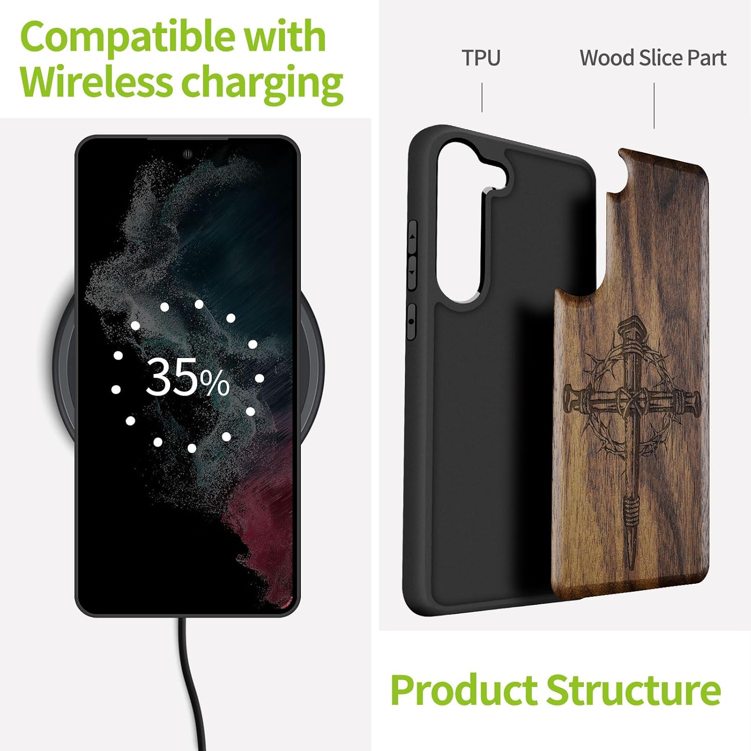 Carveit Wood Case for Galaxy S23 Plus Case [Natural Wood & Black Soft TPU] Shockproof Protective Cover Unique & Classy Wooden Design Compatible with S23 Plus (Crucifix Nails-Walnut)