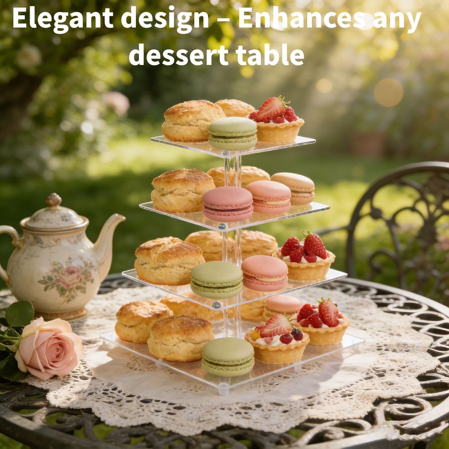 4 Tier Cupcake Stand for 50 Cupcakes, Clear Acrylic Cupcake Tower, Cupcake Holder for Parties, Weddings, Birthdays, Clear Dessert Display Ease of Assembly High Stability (Square)