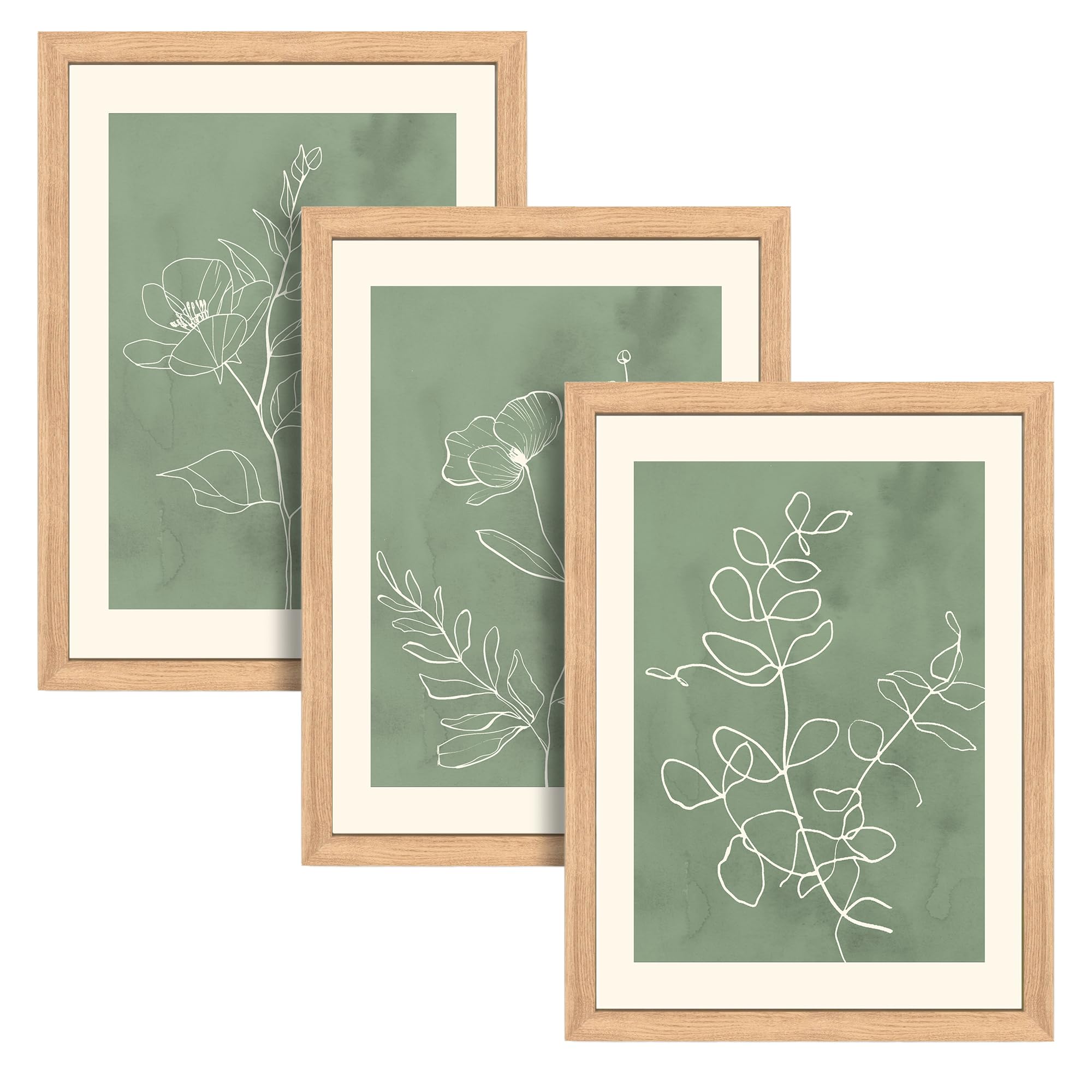 BlissPrintStudios Set of 3 Framed Sage Green Botanical Wall Art, A3 Size, Light Oak Frame, Premium Matte Paper, Botanical Prints