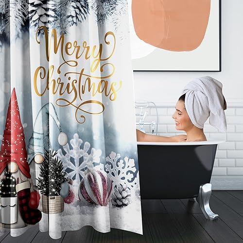 Miniatura 6 de Juego de 4 cortinas de ducha con diseño de gnomo para árbol de Navidad, con alfombras antideslizantes, tapa de inodoro y tapete de baño, para