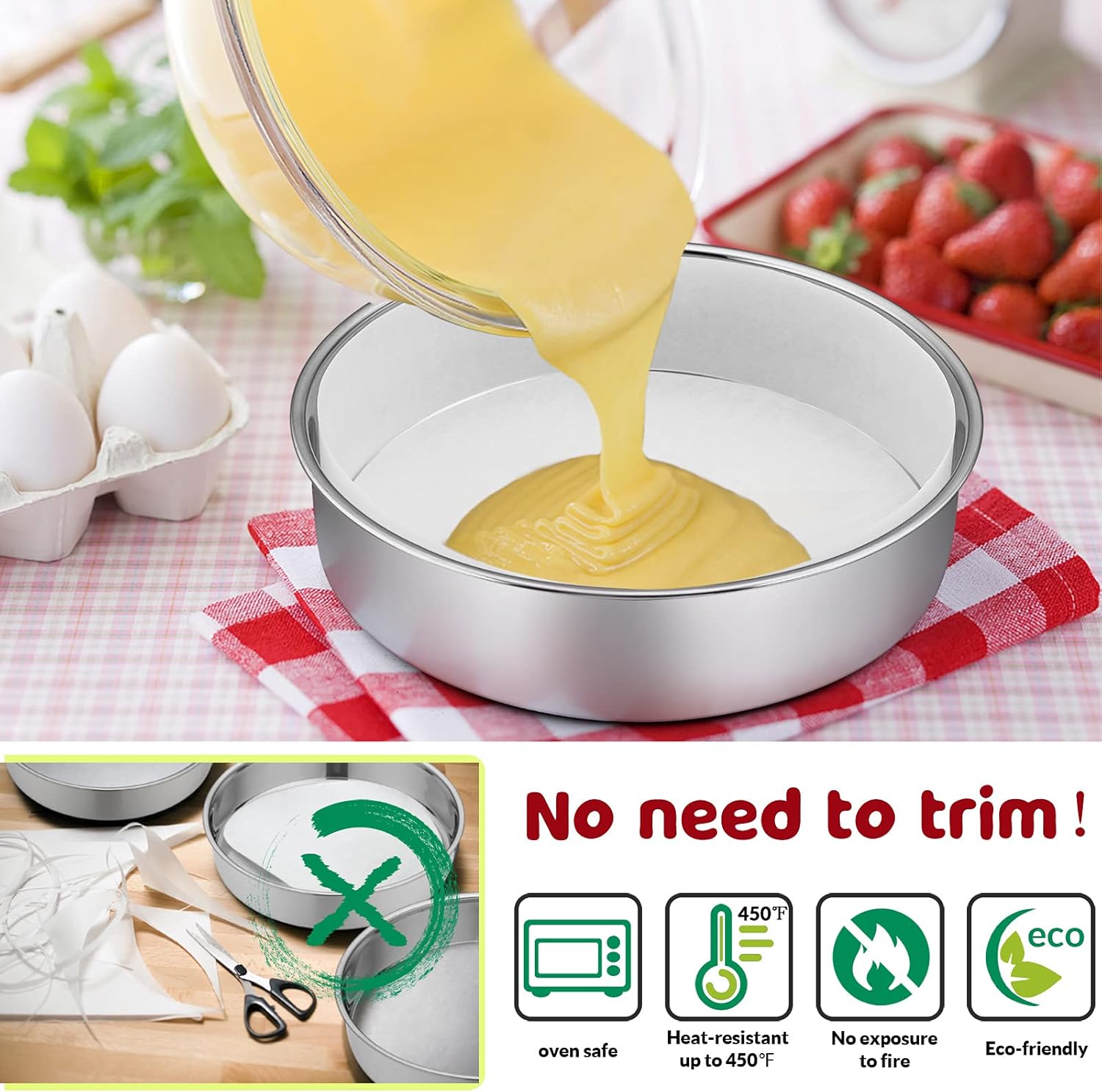 9½ Inch Cake Pan Set of 3, E-Far Stainless Steel Round Layer Cake Baking Pans with Parchment Rounds & Side Liner Roll, Non-Toxic & Healthy Metal Cakes Tin, Straight Side & Dishwasher Safe - Image 4