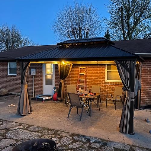 Domi - Cenador de metal con techo rígido de 10 x 12 pies, kiosco de aluminio para exteriores con doble techo de acero galvanizado, cortina y red,