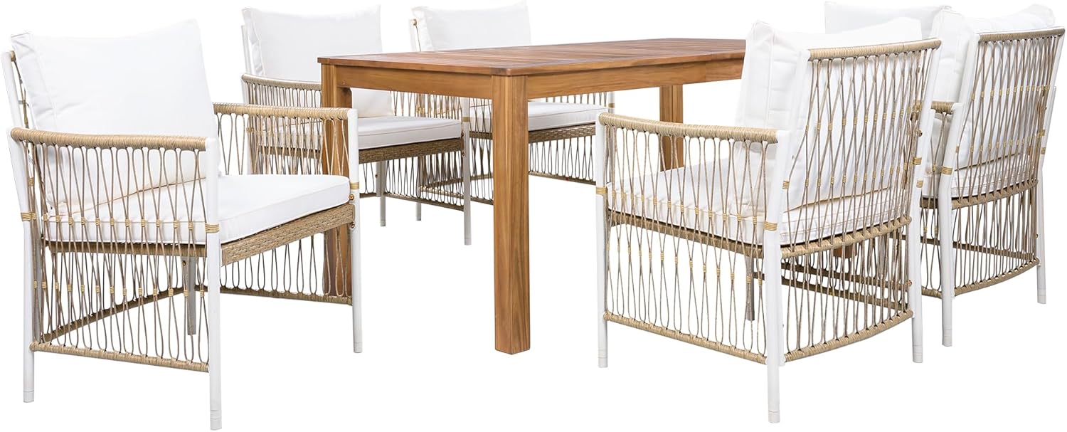 Patio 7 Pieces Wooden Dining Table Set, Outdoor Acacia Wood Rectangular Table with 6 Armchairs for Poolside, Backyard, Garden (7pcs)