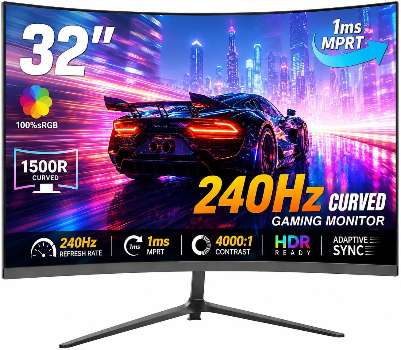 ZZA 32 Inch Curved Gaming Monitor 240Hz Curved Monitor Computer Monitor-HDMI DP USB Headphone Ports,1080p 1K FHD Ultra Slim Curved Screen with Wide Angle,High Refresh Rate Immersive PS5 Xbox PC Gaming