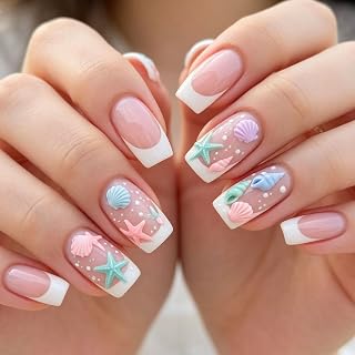 24Pcs Sommer Press On Nägel Kurz Eckig, Strand Falsche Nägel Mit Seestern Muschel Design, French Klebenägel Full Cover Für Frauen