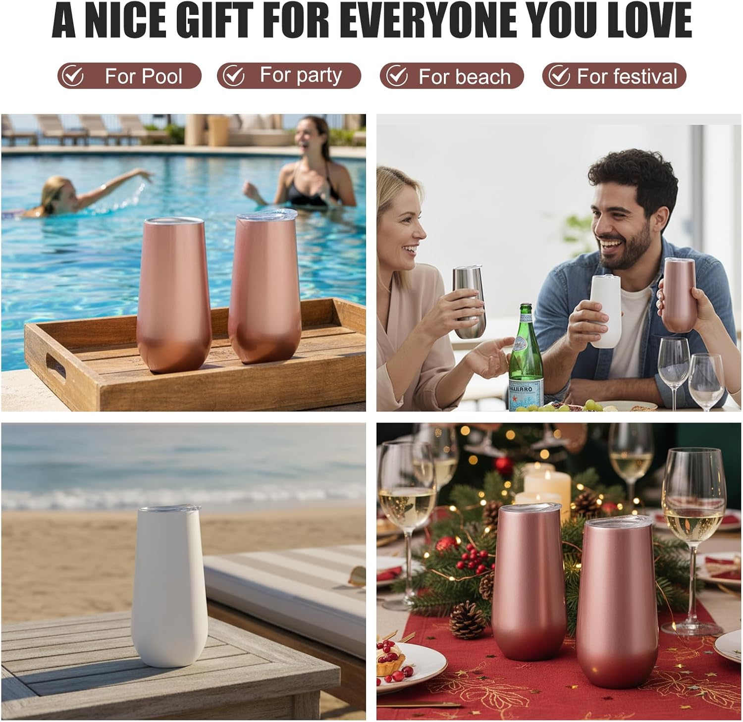 Sivaphe 6 Ounce Stemless Champagne Flutes with Lid, Small Stainless Steel Resuable Toaste Mug, Rosegold Insulated Champagne Tumbler 2 Pack - Image 3