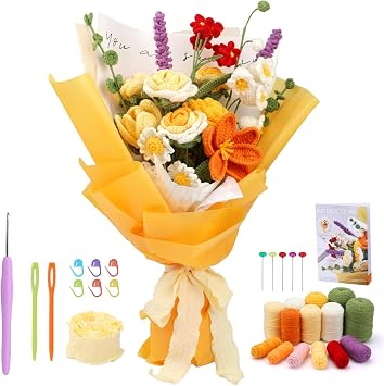 Iuuidu Crochet Kit for Beginners, Flower Bouquet Crochet Kit, Crochet Starter Kits with Step-by-Step Video Tutorials and Hook for Adults DIY Craft Birthday Wedding Present, Home Decor