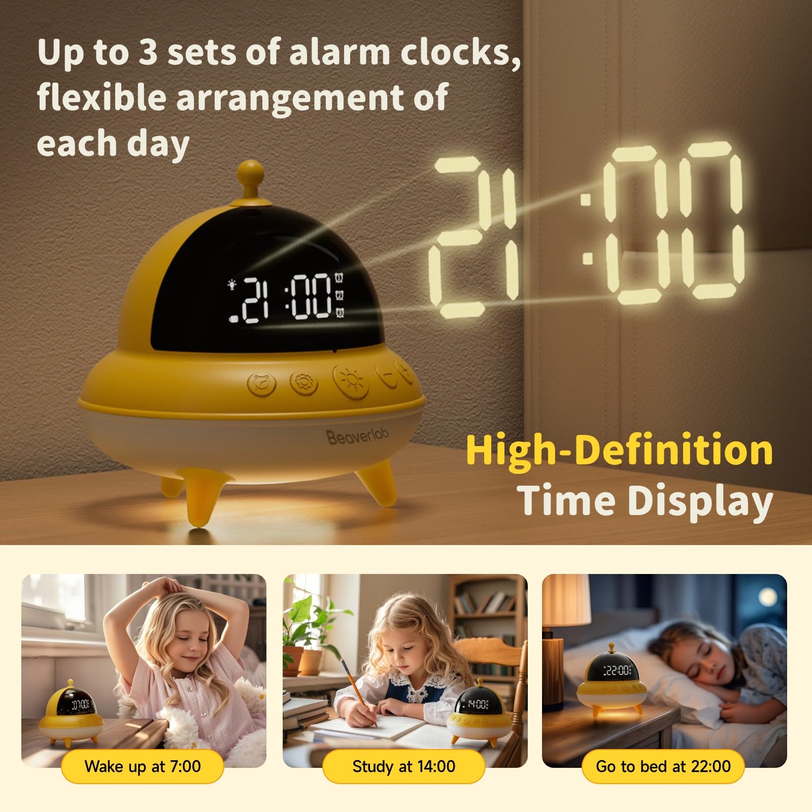 BEAVERLAB Wecker Kinder Mädchen, UFO Kinderwecker für mädchen kinder wecker, tageslichtwecker mit 7 Farben LED Nachtlicht, 15 Tage Akku, 0dB Leiser Wecker für Schlafzimmer, USB Nachttischlampe