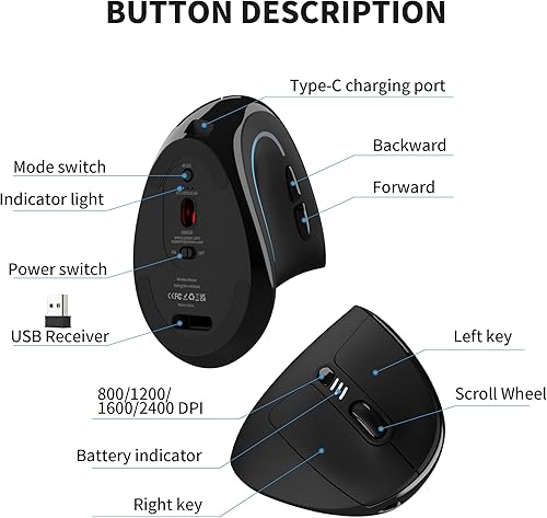 Miniatura 6 de Uineer Ratón ergonómico, mouse vertical inalámbrico recargable con Bluetooth, LED de 7 colores, 4 DPI ajustables, USB-A, alivio de tensión
