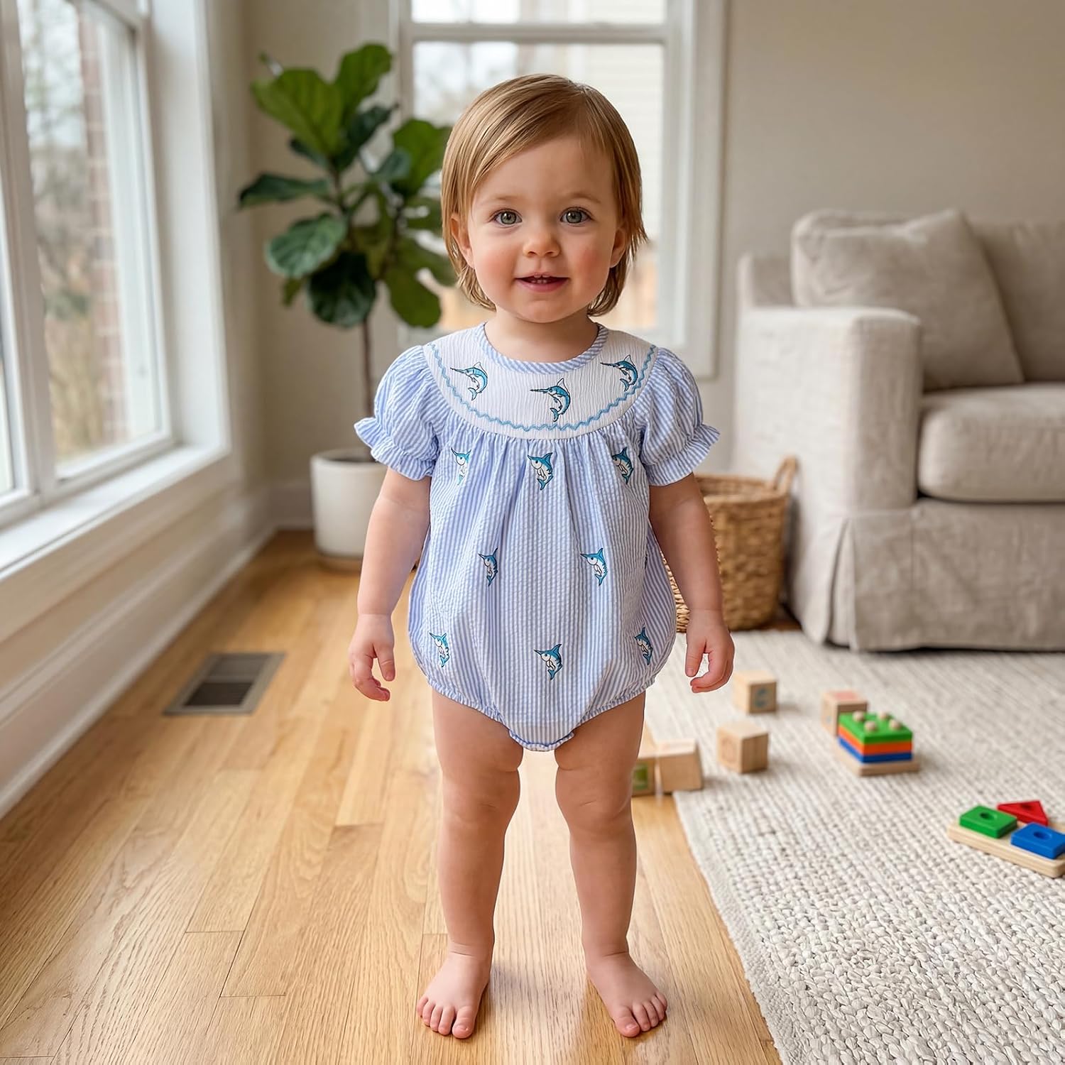 Newborn Infant Baby Girl Summer Outfit Swordfish Embroidery Striped Smocked Bubble Romper Short Sleeve Bodysuit image 2