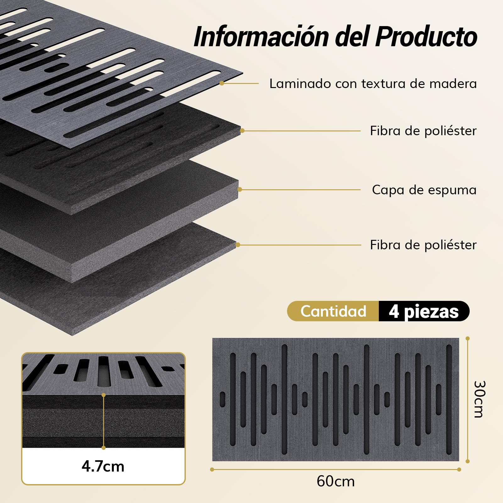 TONOR 4 PCS paneles decorativos, 60x30x4,7cm, 3D Panel de Pared Autoadhesivo, Baldosas Insonorizadas de Tres Capas para Absorción de Eco, Barrera Acústica de Fibra de Poliéster, Madera Negro