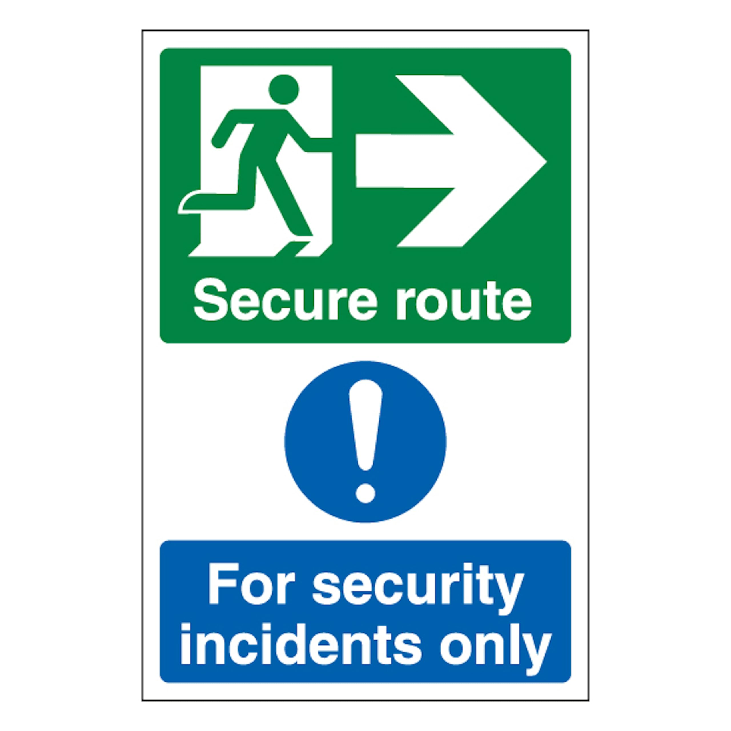 V Safety Secure Route Arrow Right/Security Incidents Only - Portrait 200 x 300 mm - 2mm Super-Tough Rigid Plastic Safety Sign