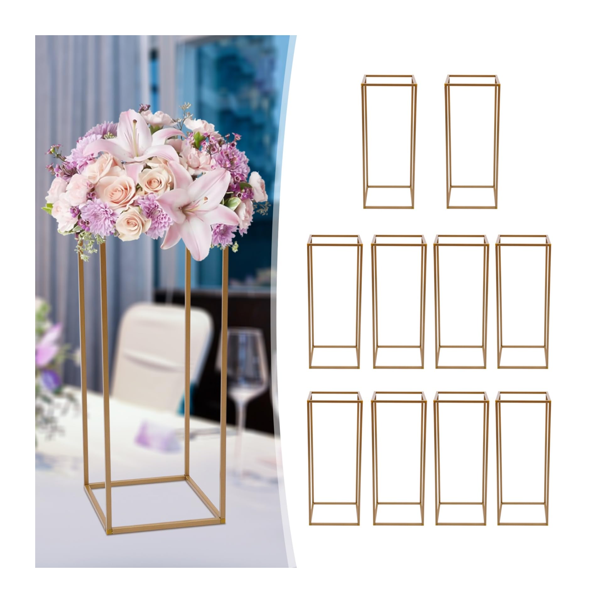 10er Gold-Blumenständer-Set Professionelle Event-Dekoration 24x24x60cm | Stabile Metallkonstruktion mit Dreiecksverbindern | für Hotel/Café/Party/Hochzeitstischdeko/Event-Display