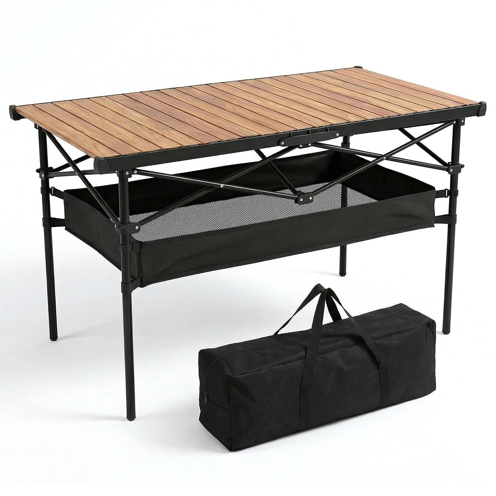 Sekey Campingtisch Faltbar, 120x60x69cm, Aufrollbare Tischplatte Klapptisch mit Aluminiumrahmen bis 30kg, Tragbar Falttisch Klappbar inkl. Tragetasche mit Netztasche, Holz-Optik