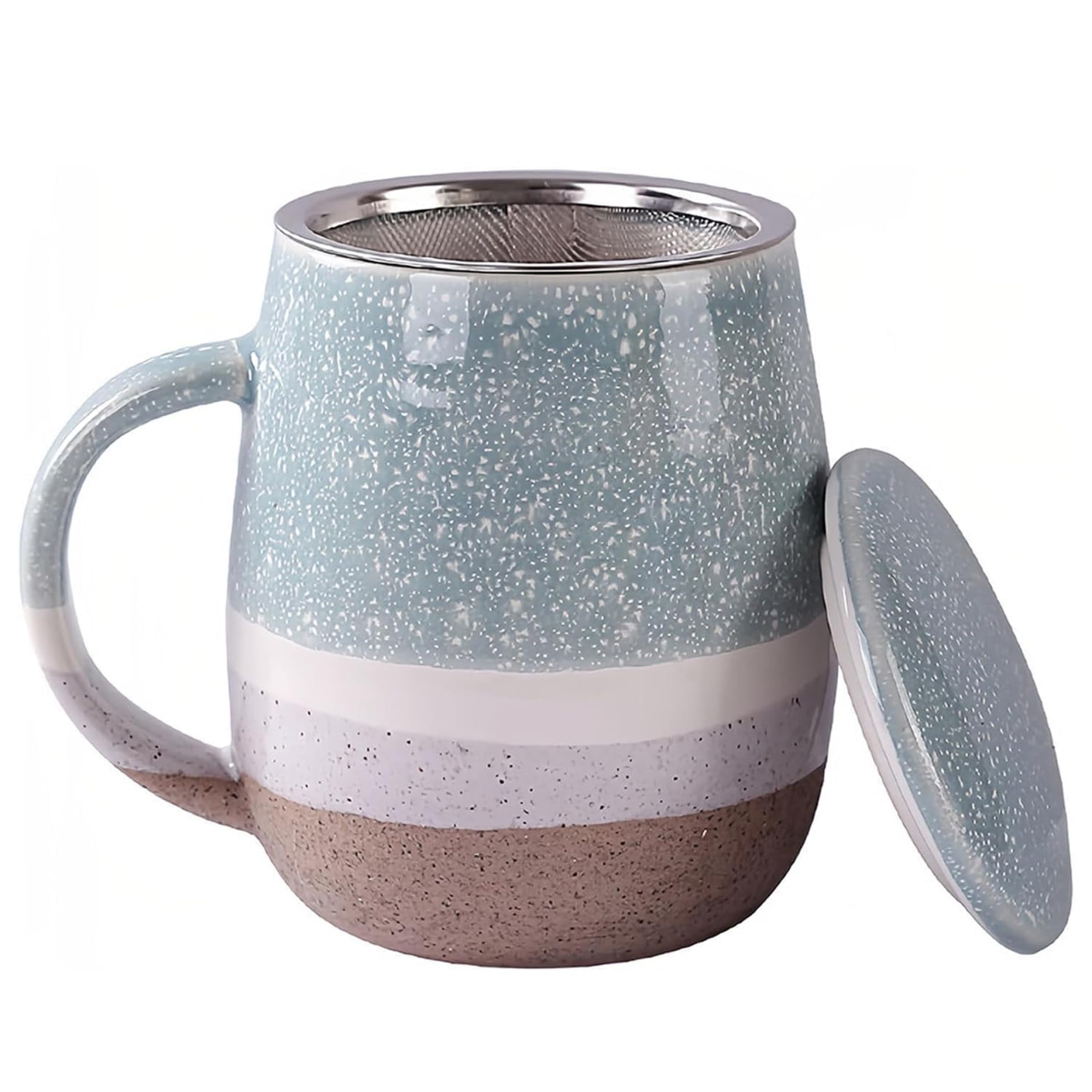 Taza de té de cerámica azul de 350 ml con filtro de acero inoxidable y tapa