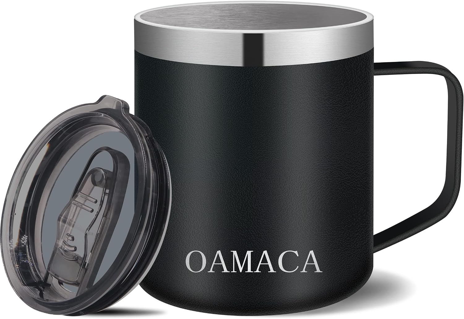 Oamaca 12OZ Coffee Mug with Lid, Vacuum Insulated Travel Tumbler with Handle,Double Wall Stainless Steel Powder Coated Mug Cup,Spill-proof Outdoor Thermos Cup for Hot & Cold Drinks,Black