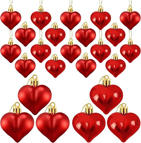 24 adornos en forma de corazón para el día de San Valentín, bolas de corazón brillantes y mate, decoraciones colgantes para el día de San Valentín,