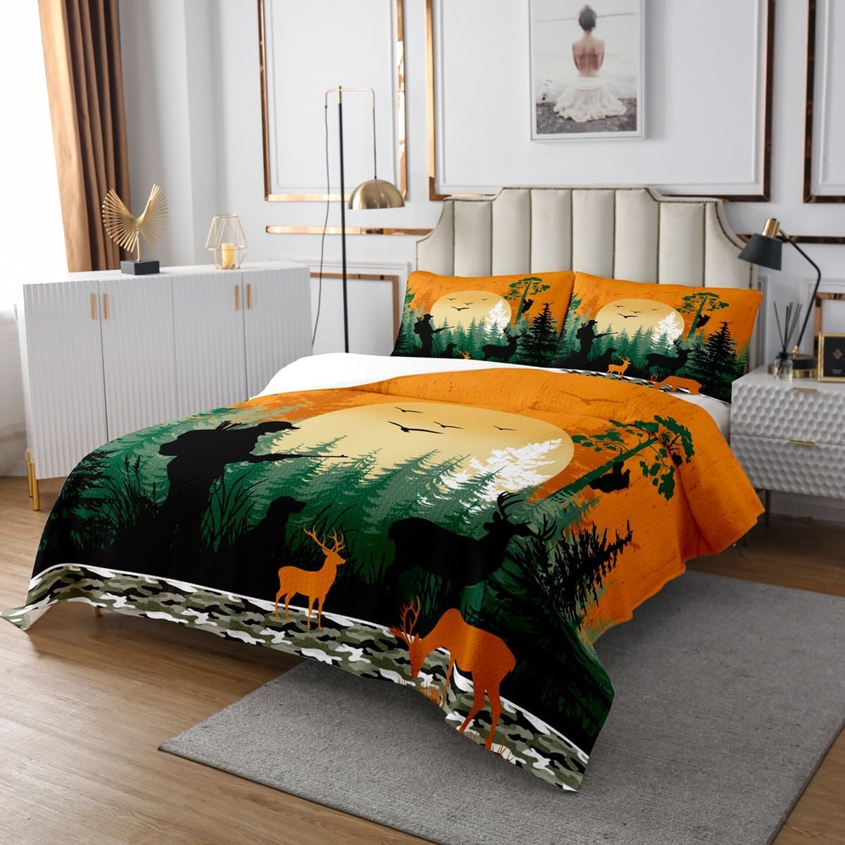 jejeloiu Deer Bedspread Quilts Deer Hunting Coverlet Set Twin Size for Kids Boys Girls Camo Farmhouse Quilted Coverlet for All Season with 1 Pillowcase CamouflageMilitary Style Black Green Orange
