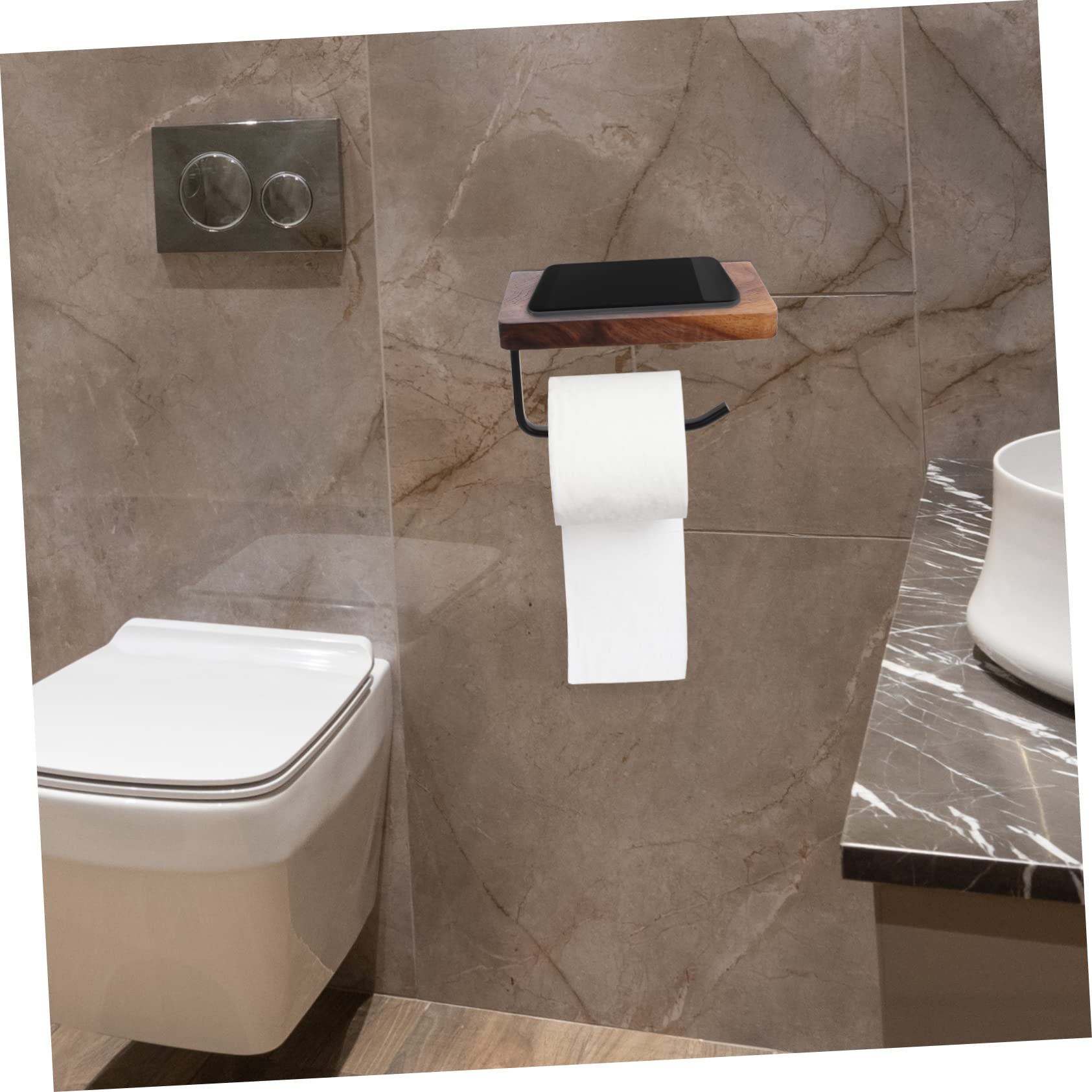 Portarrollos Diseño Práctico y Duradero de Papel Higiénico de Madera y Aluminio Negro, Estante de Pared Instalación sin Taladro Tornillos para Baño y Cocina