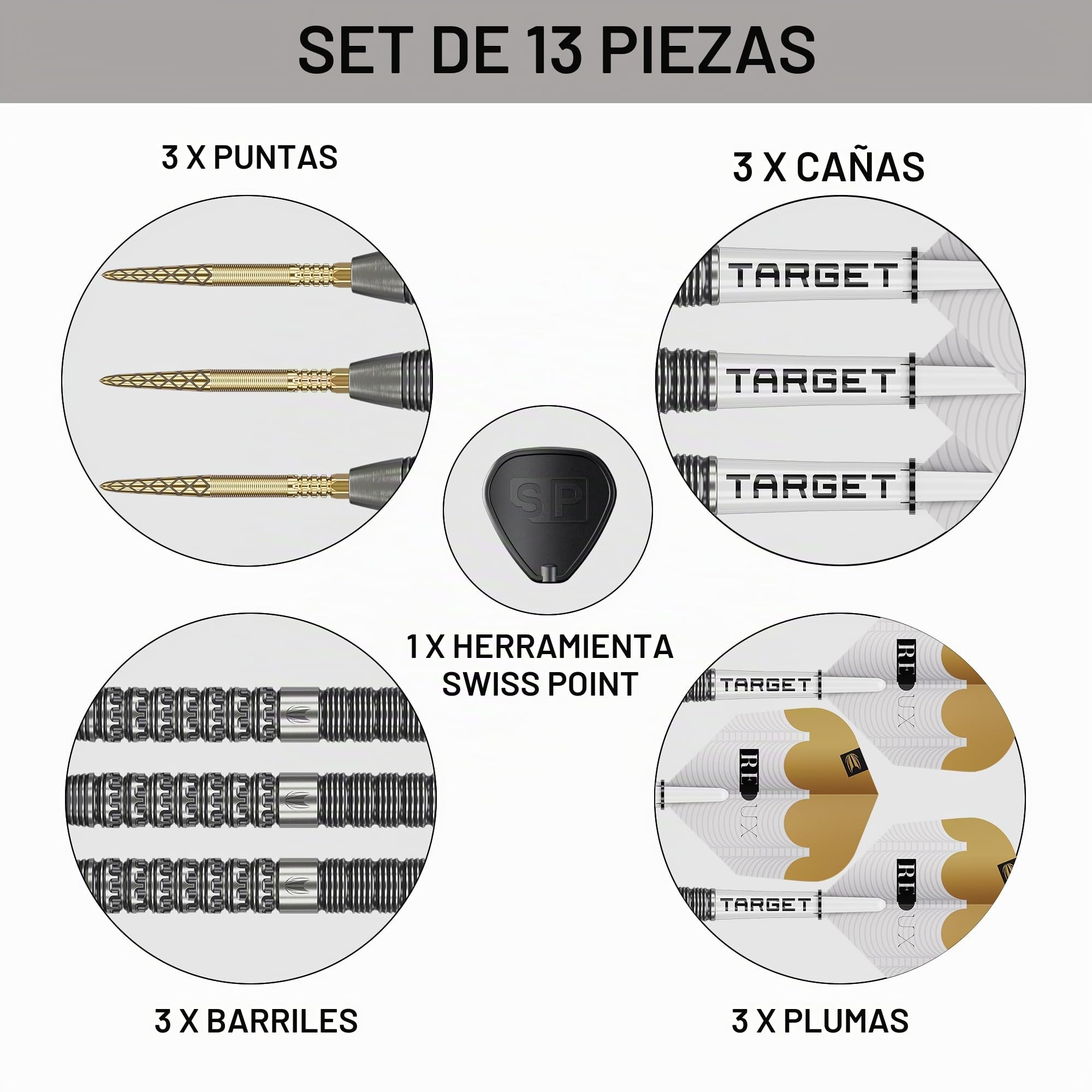 Target Darts Redux 90% Juego de Dardos con Punta de Acero Suizo de Tungsteno (Barrel 01/02/03), 22G/23G/24G/25G/26G | Pro Ultra No.6 Flights y Varillas Pro Grip Tag, Puntas DX Gold y SP Herramienta
