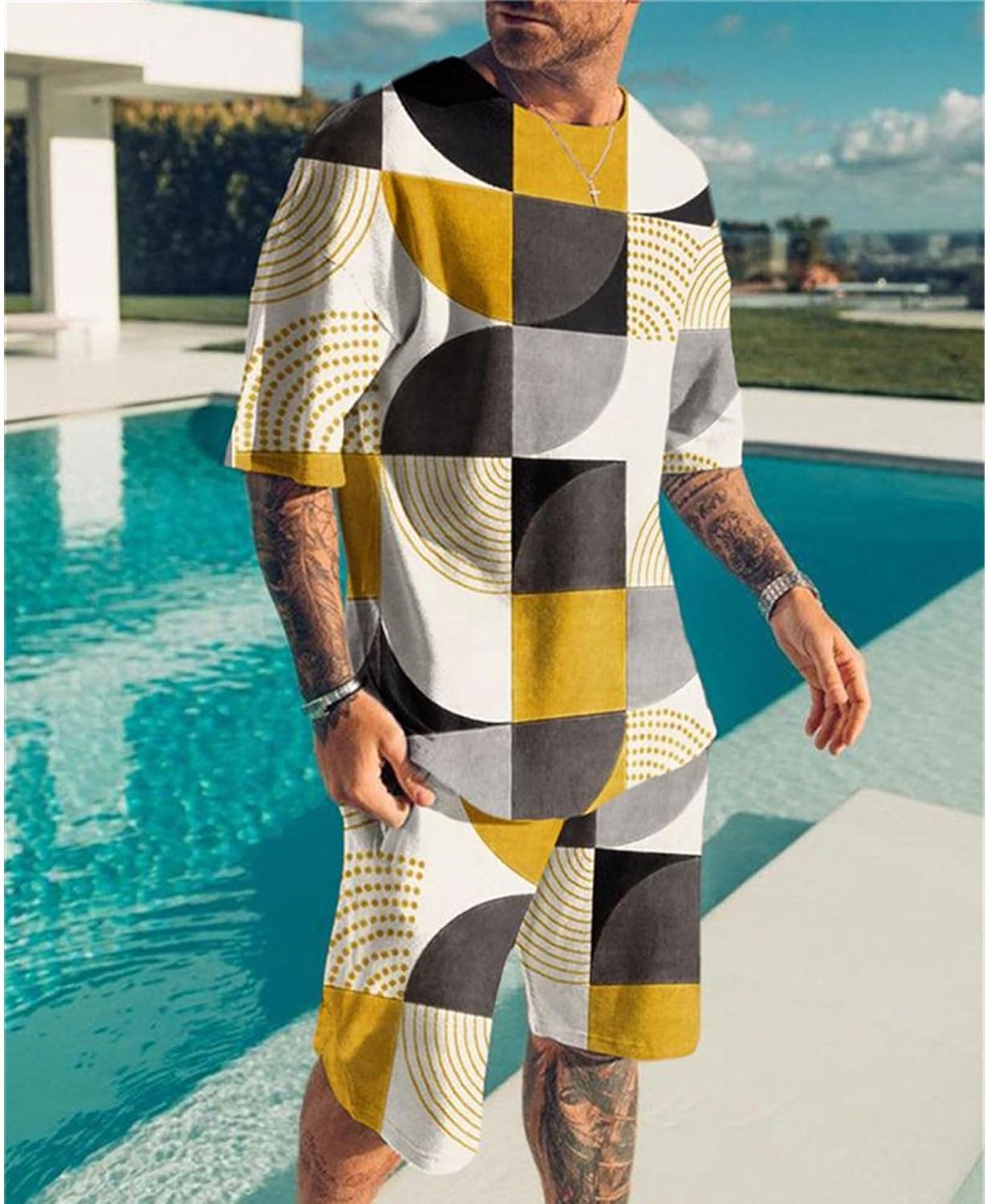 Bestgift Mens Printed Suit Casual 2 Piece Sports Tops