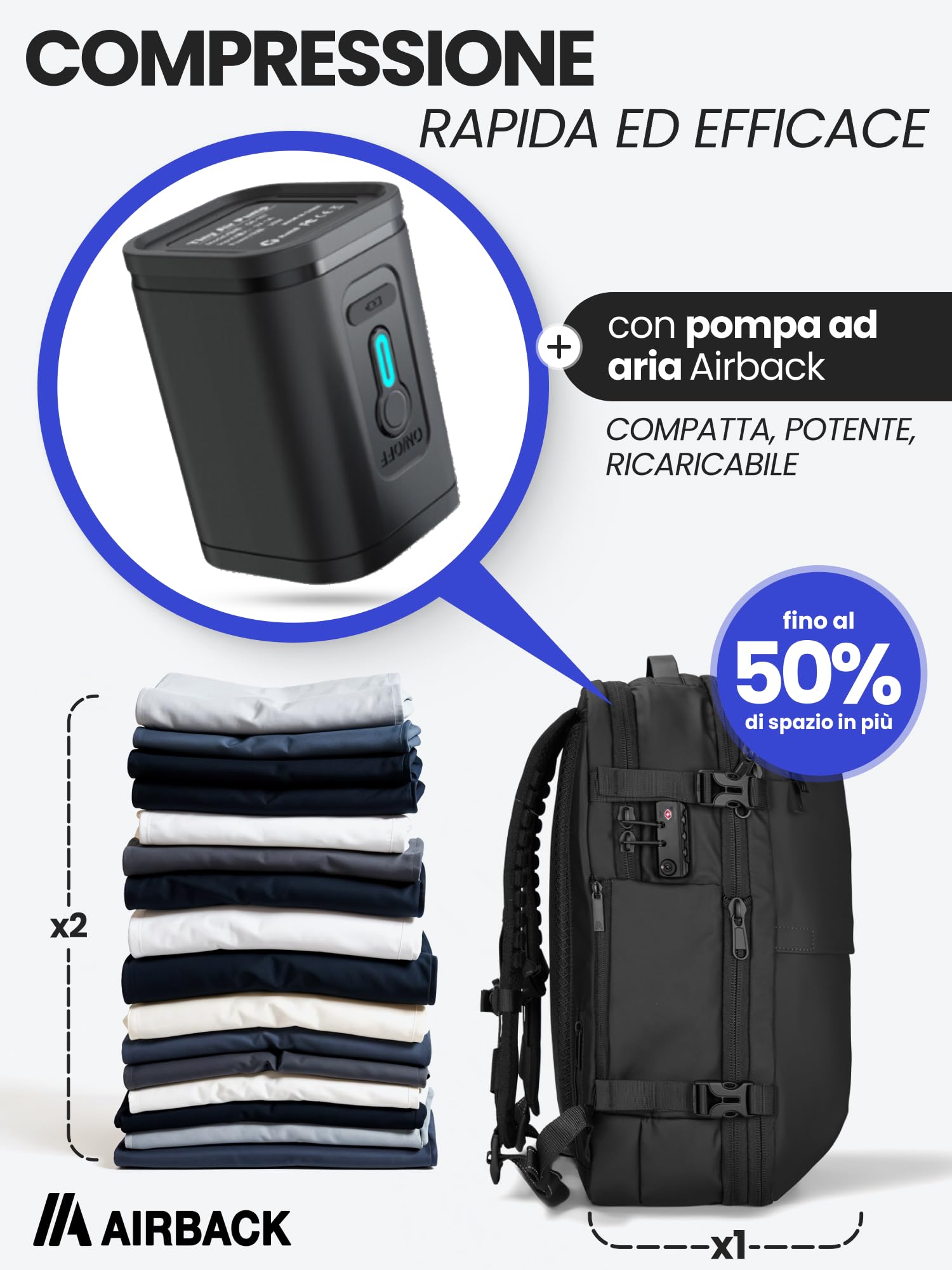 Pompa ad aria compatta Airback – Pompa elettrica portatile per vuoto, ricaricabile, potente aspirazione, accessorio da viaggio leggero per bagagli Airback