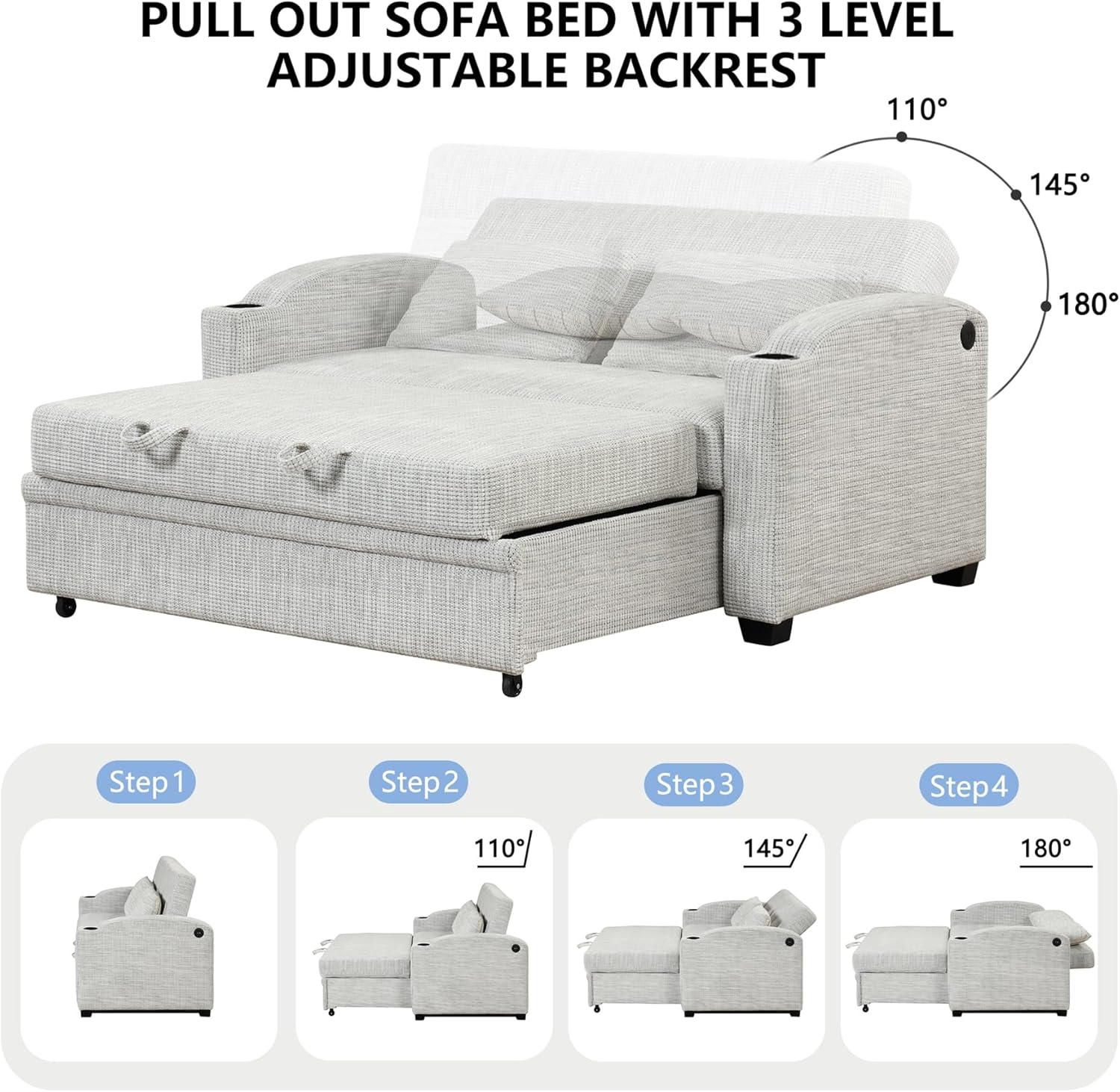 Convertible Sofa Bed Queen Size, 3 in 1 Sofa Bed Couch with Adjustable Backrest, Chenille Upholstered Pull Out Sleeper Sofa with 2 Pillows & Cup Holders & USB Ports (White Gray)