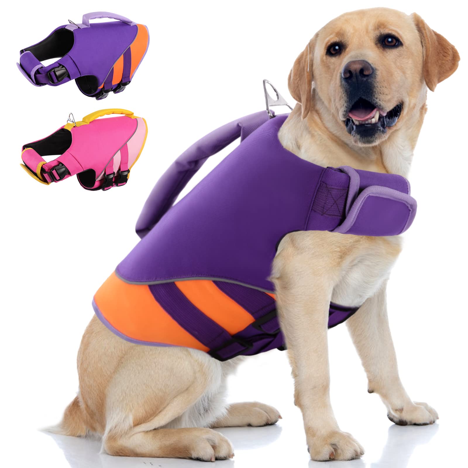 Queenmore Dog Life Jacket,Dog Life Vest for Swimming Boating,Life Jackets for Large Medium Dogs,Ripstop Pet Life Vests with Strong Rescue Purple,L