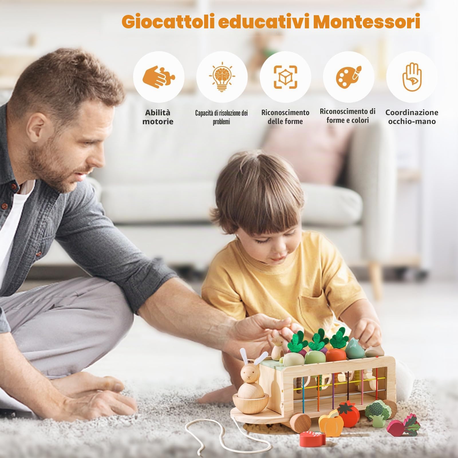 WOODEN TEETHER Montessori, giocattolo in legno a partire da 1 2 3 anni, gioco di smistamento, puzzle in legno, raccolta di carote, giocattolo educativo per ragazzi e ragazze