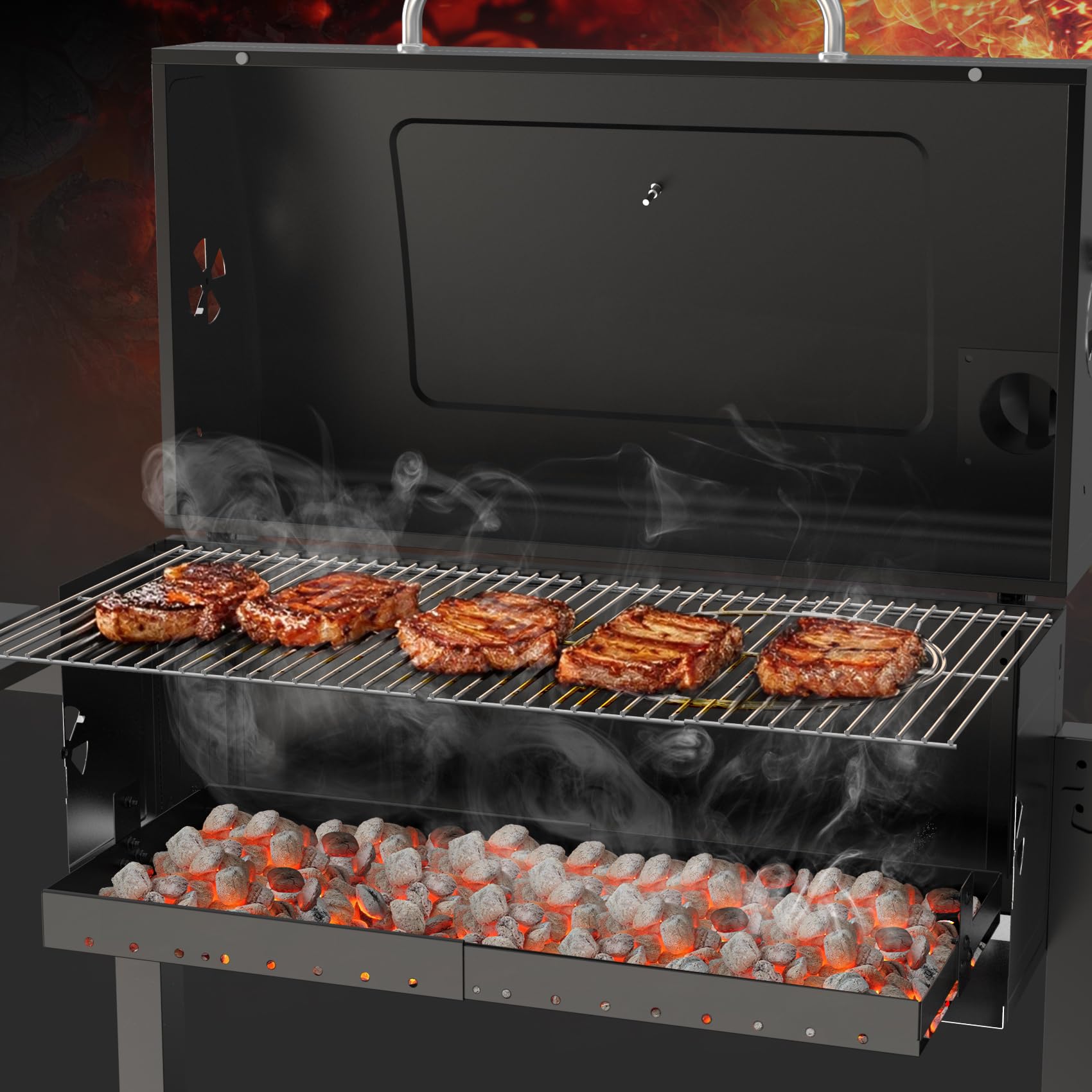 Bac à Charbon pour Barbecue Réglable 38.5-73 cm, Plateau en Acier, Pièce de Rechange Tepro Toronto, Taino Hero XL, Activa