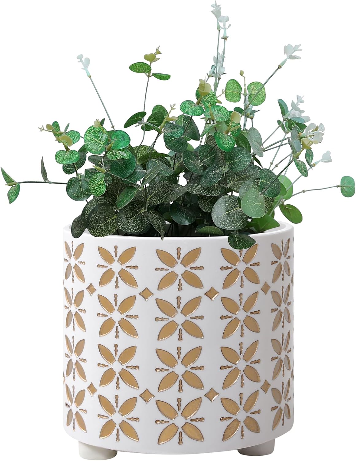8 Inch Plants Pot, Planter for Indoor Plant, Indoor & Outdoor Flowerpot with Drainage Hole - for Decoration of Home Garden & Terrace, White & Gold