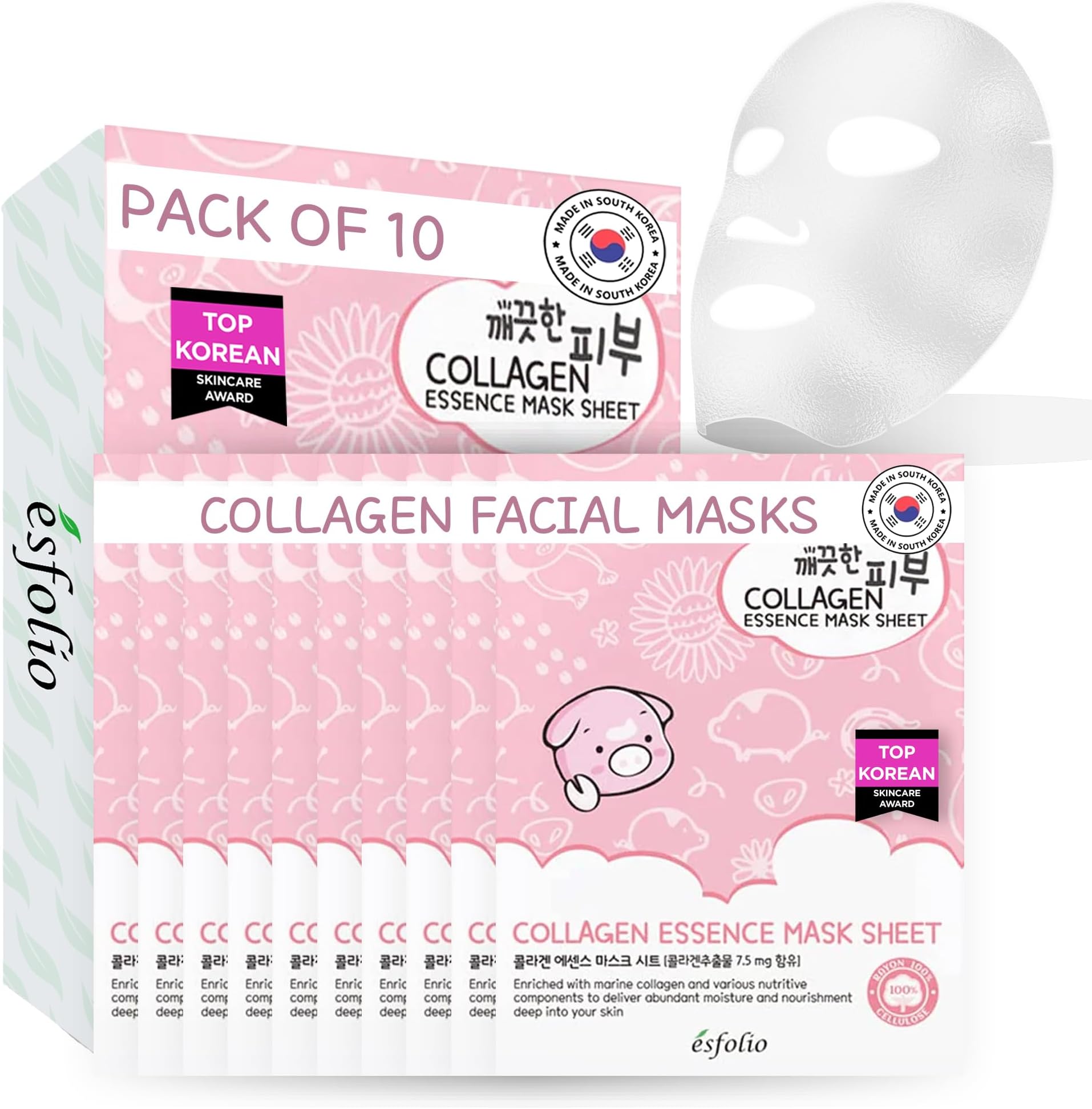 esfolio Collagen Essence Sheet Mask – Hydrating & Firming Face Mask for Glowing Skin – Anti-Aging Korean Skincare with Hydrolyzed Collagen & Hyaluronic Acid – Moisturizing Facial Mask (Pack of 10)