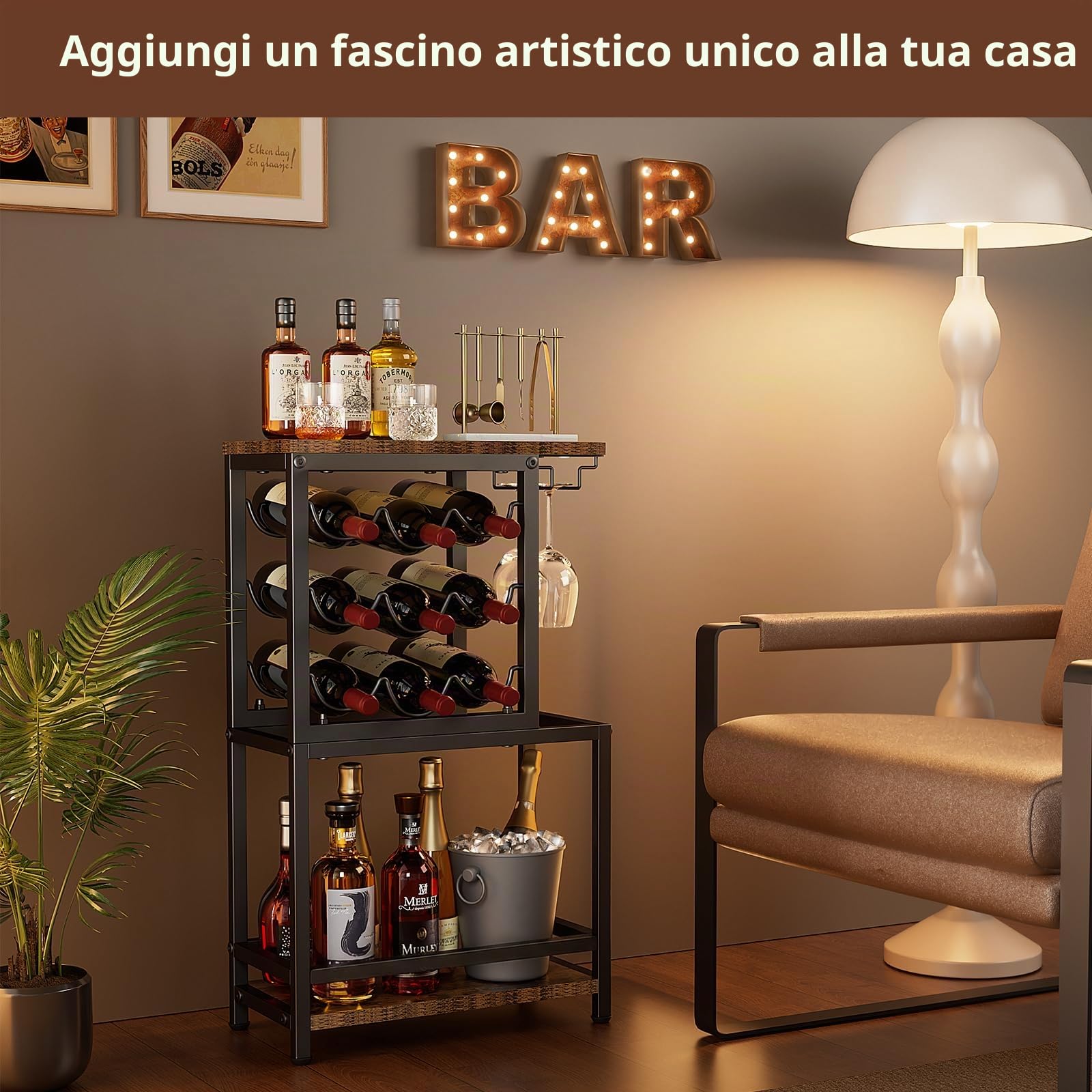 Nuovoware Portabottiglie a 3 ripiani, da appoggio, marrone e nero | con portaocchiali, espositore versatile per liquori, per casa, minibar, espositore da tavolo angolare per liquori e whisky
