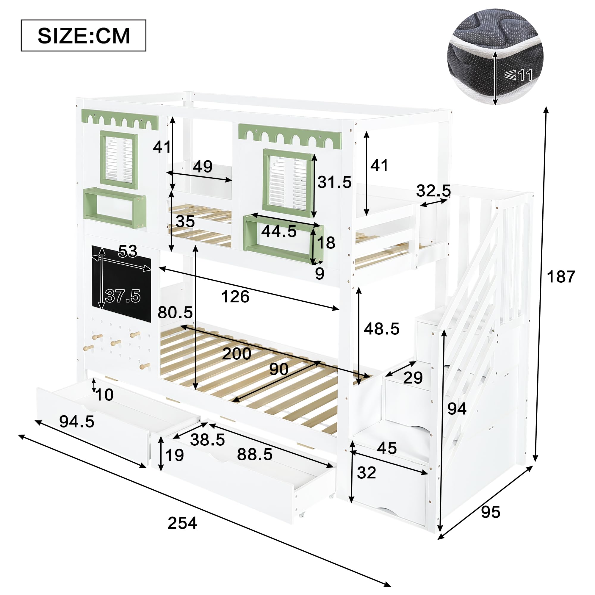 Letto a Castello per Bambini 90x200cm con 2 Cassetti e Scala Portaoggetti, piccola Area Forata + 5 Ganci in legno, Letto a Soppalco, Strutture letto di Pino, Bianco + Verde(Senza Materasso)