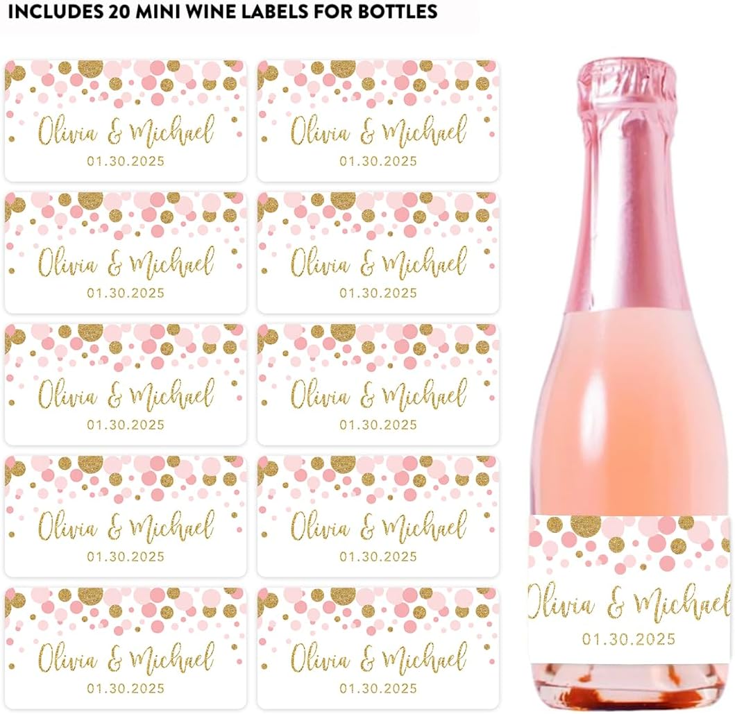 Andaz Press Personalized Wedding Mini Wine Labels for Bottles, Pink Faux Gold Glitter Confetti Dots 20-Pack Bulk Waterproof Mini Wine Bottle Labels for Champagne Bottle Custom Mini Champagne Bottles