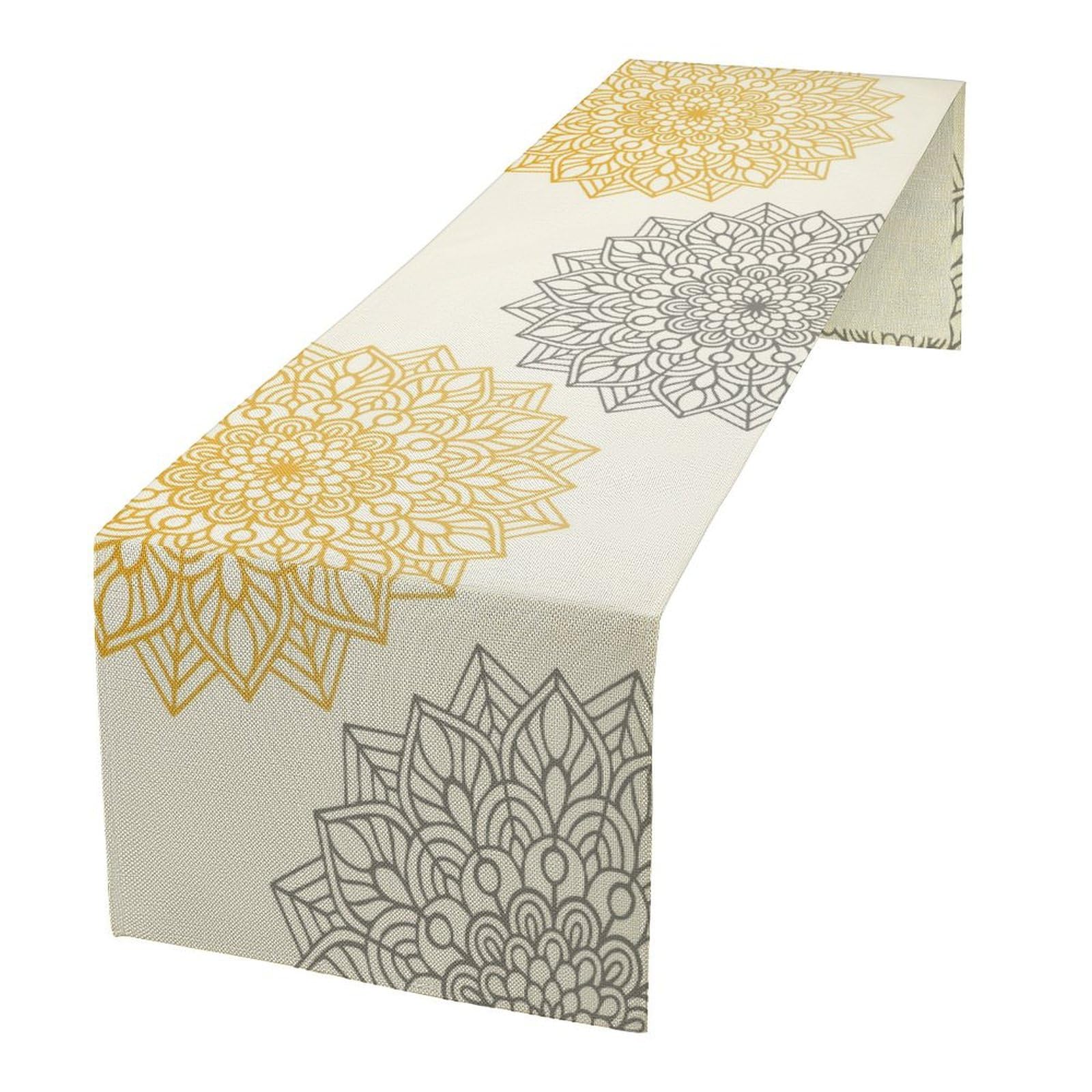 Gold Grey Boho Floral Table Runner Retro Mandala Flower Abstract Dahlia Flowers Vintage Traditional Oriental Dinner Runner for Farmhouse Kitchen Holiday Party 13x108in