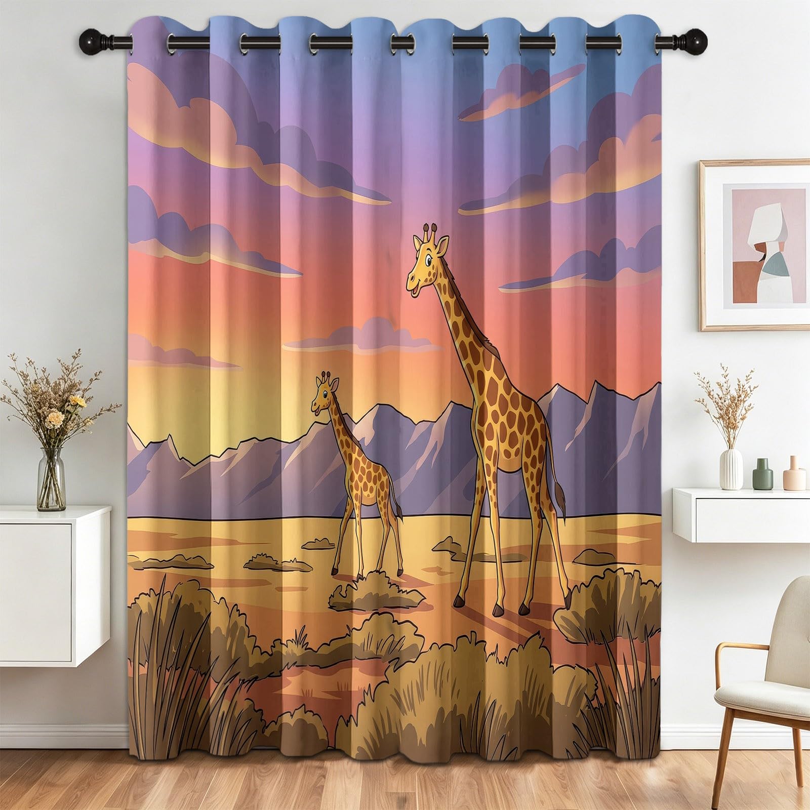 Cortinas de dibujos animados con diseño de sabana y jirafa, cortinas para niños y niñas, cortinas opacas tropicales con ojal, plisado con lápiz, tratamiento de ventanas para habitación infantil