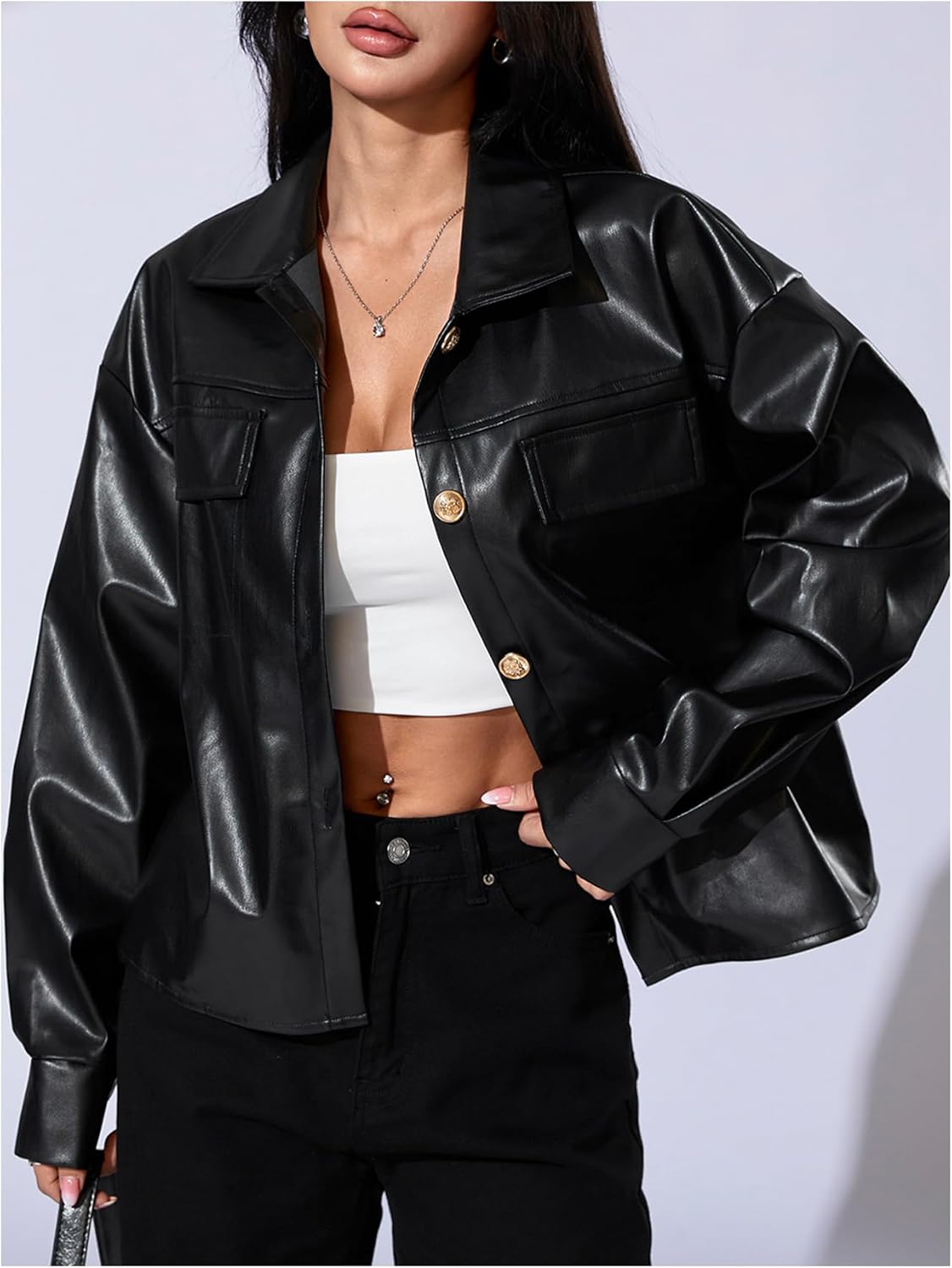 Milumia Women's Pu Leather Long Sleeve Jacket Button Front Motorcycle Coats - Image 4