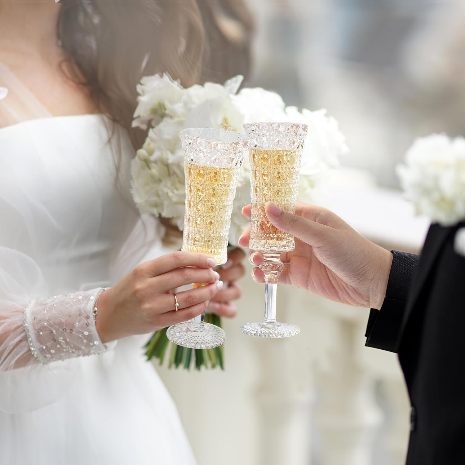 Joeyan Vintage Glass Champagne Flutes,4 oz Embossed Sparkling Wine Glasses for Cava Prosecco,Diamond Patterned Toasting Goblet Glasses,Decorative Stemware for Wedding Anniversary Birthday,Set of 4 - Image 2