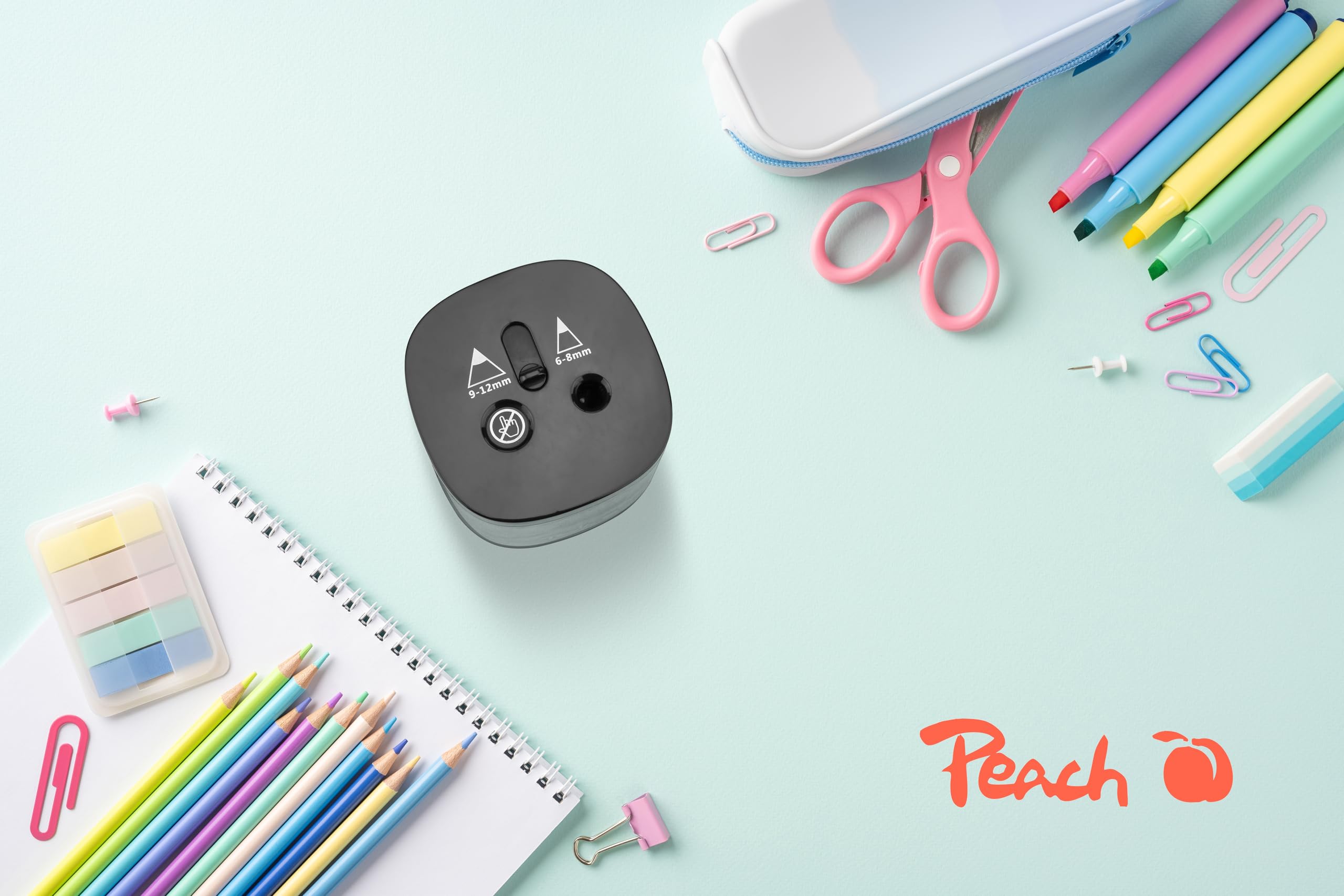 Peach PO102 elektryczna uniwersalna temperówka | w zestawie części zamienne | do wszystkich ołówków, kredek, eyelinerów i kredek świecowych | podwójna temperówka do ołówków o wielkości 6-8 mm i 9-12 mm | Ostrzałka, elektryczna temperówka do ołówków dla dz