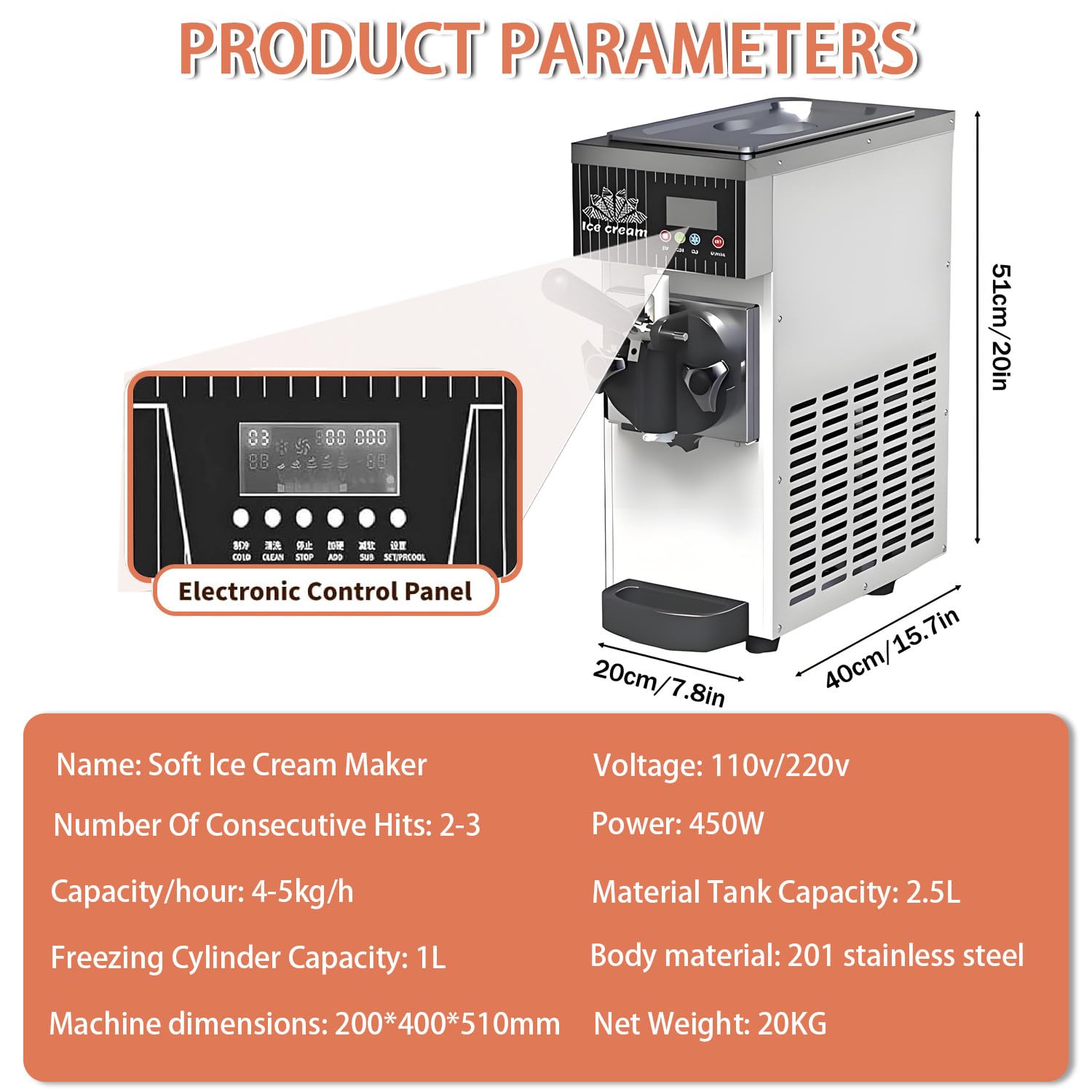 Machine à glace à l'italienne de comptoir,machine à glace professionnelle,refroidissement rapide 450W,fonction autonettoyante et dégivrage, débit de 4 à 5 kg/h, pour bars et restaurants Orange