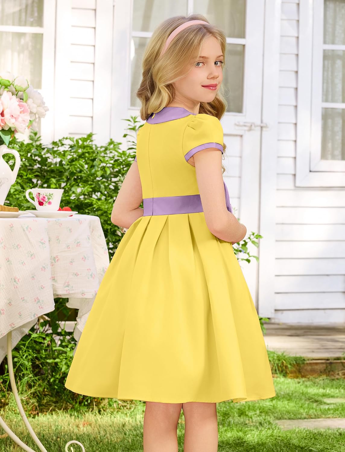 ODIZLI Kids Girls 1950s Retro Vintage Dress Short Puff Sleeve Contrast Panel Swing Party Dresses