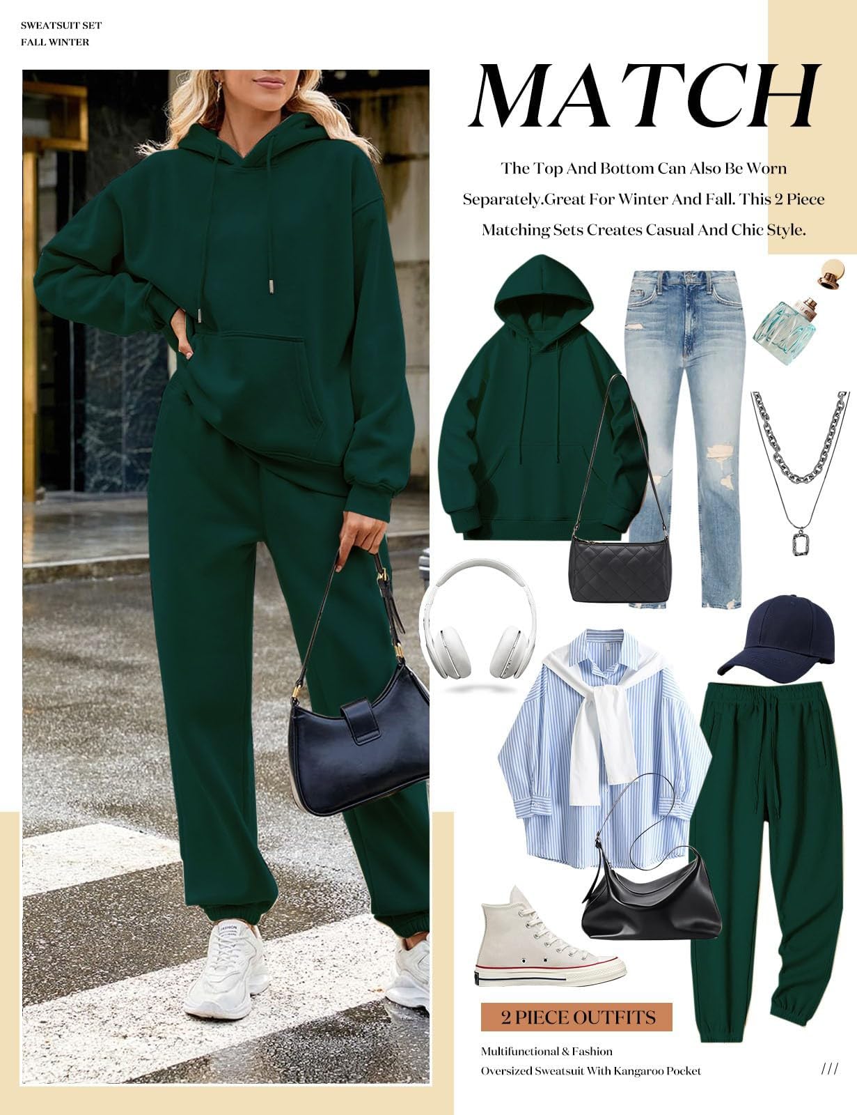 Tuta da jogging da donna con fodera in pile invernale, set da allenamento S-3XL | Activewear - Tuta sportiva da donna, lunga, oversize, con cappuccio e coulisse, con tasche