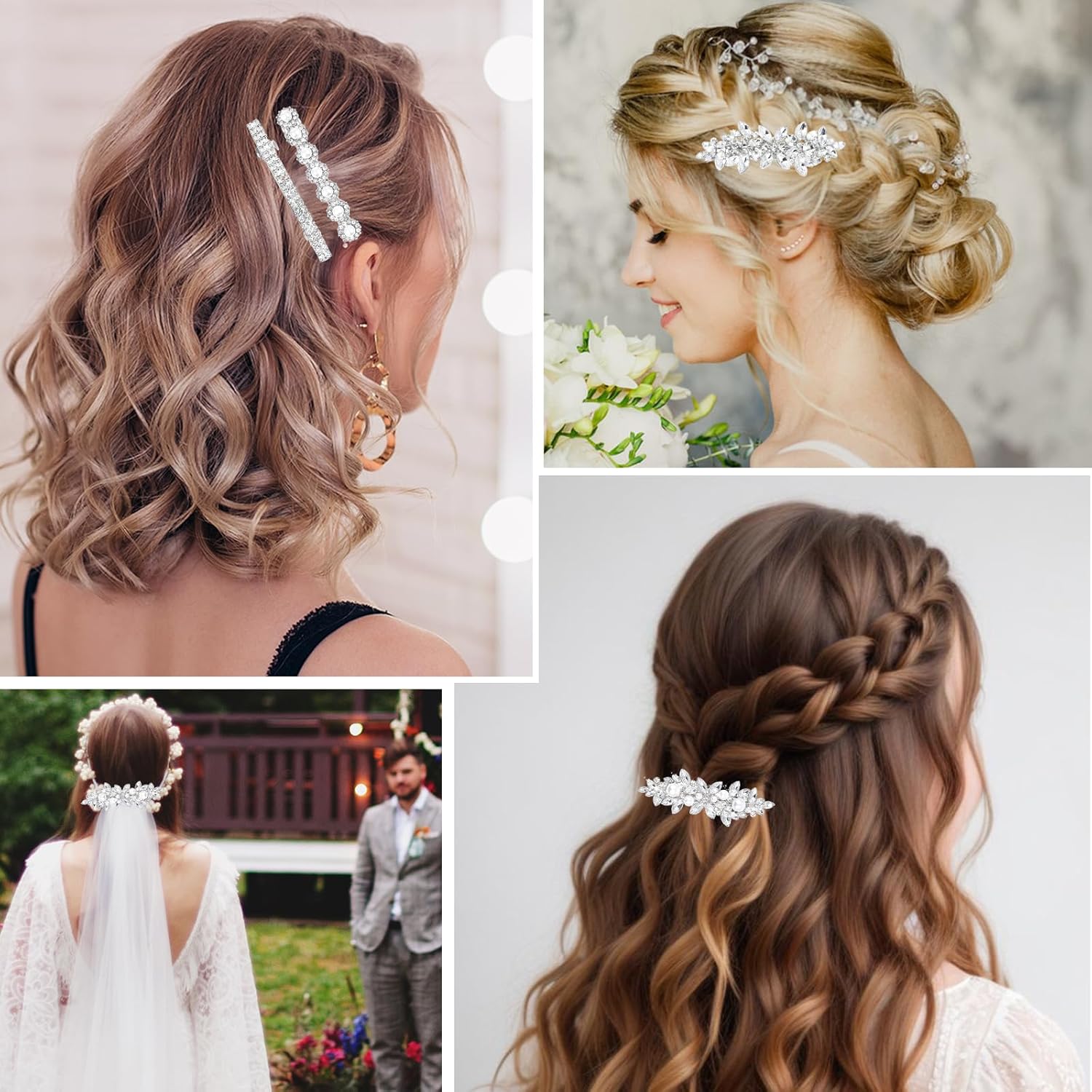 4PCS Sparkly Rhinestone Hair Clips for Women, Silver Flower Crystal Hair Clips