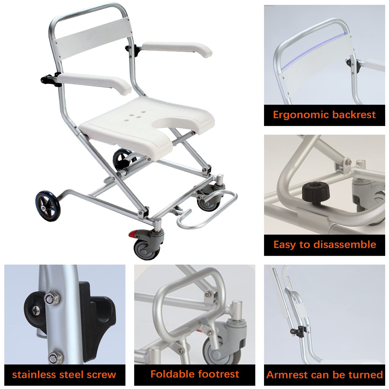Wózek inwalidzki, składany, z kółkami dla osób starszych i niepełnosprawnych, wózek inwalidzki dwa w jednym + fotel prysznicowy z podnoszonymi ramionami i ergonomicznym oparciem