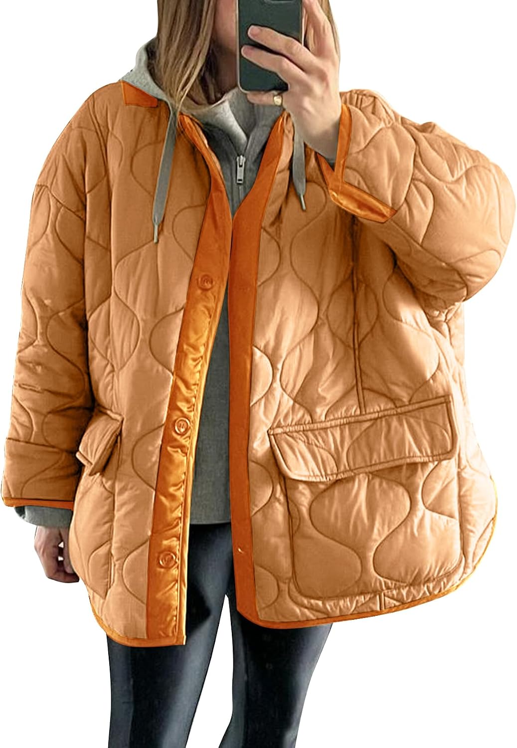 Flygo Womens Oversized Puffer Jacket Colorblock Patchwork Button Down Collarless Lightweight Winter Warm Coat