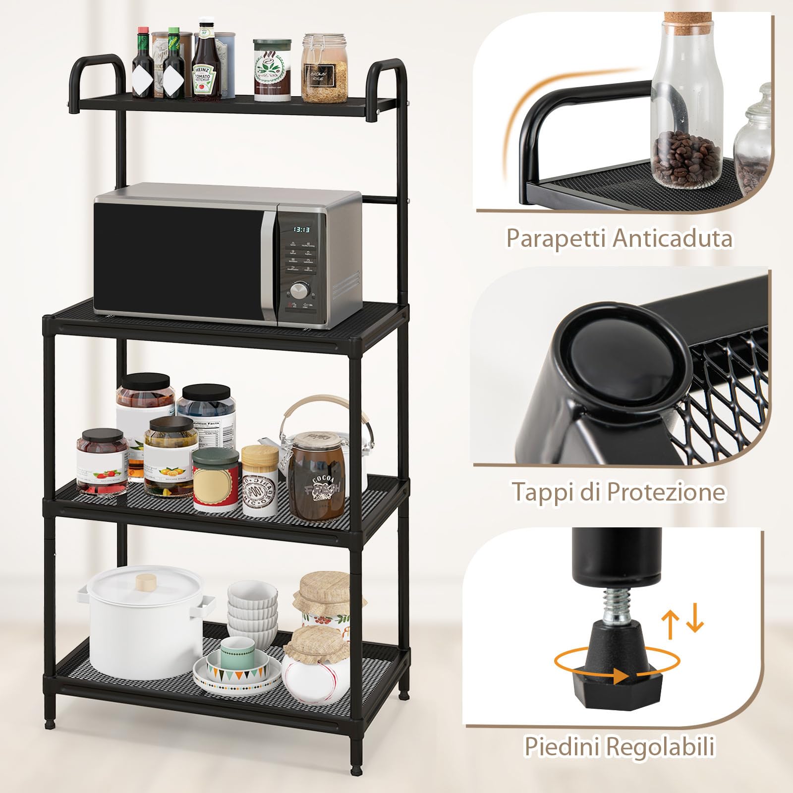 COSTWAY Microonde Scaffale da Cucina per Microonde in Metallo a 4 Ripiani, Carrello per Microonde Scaffalatura Organizzatore Portaoggetti, 60 x 34 x 136 cm (Nero)